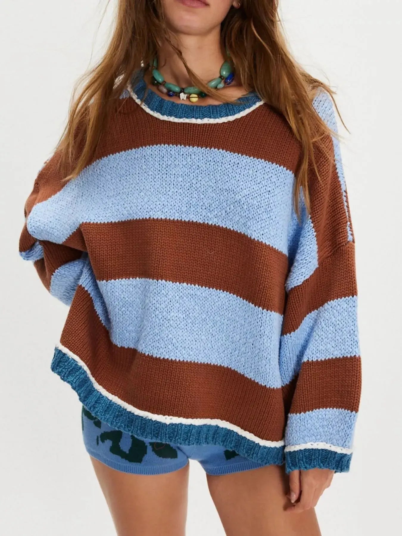 Color Block Oversized Round Neck Sweater - Be Bliss Boutique
