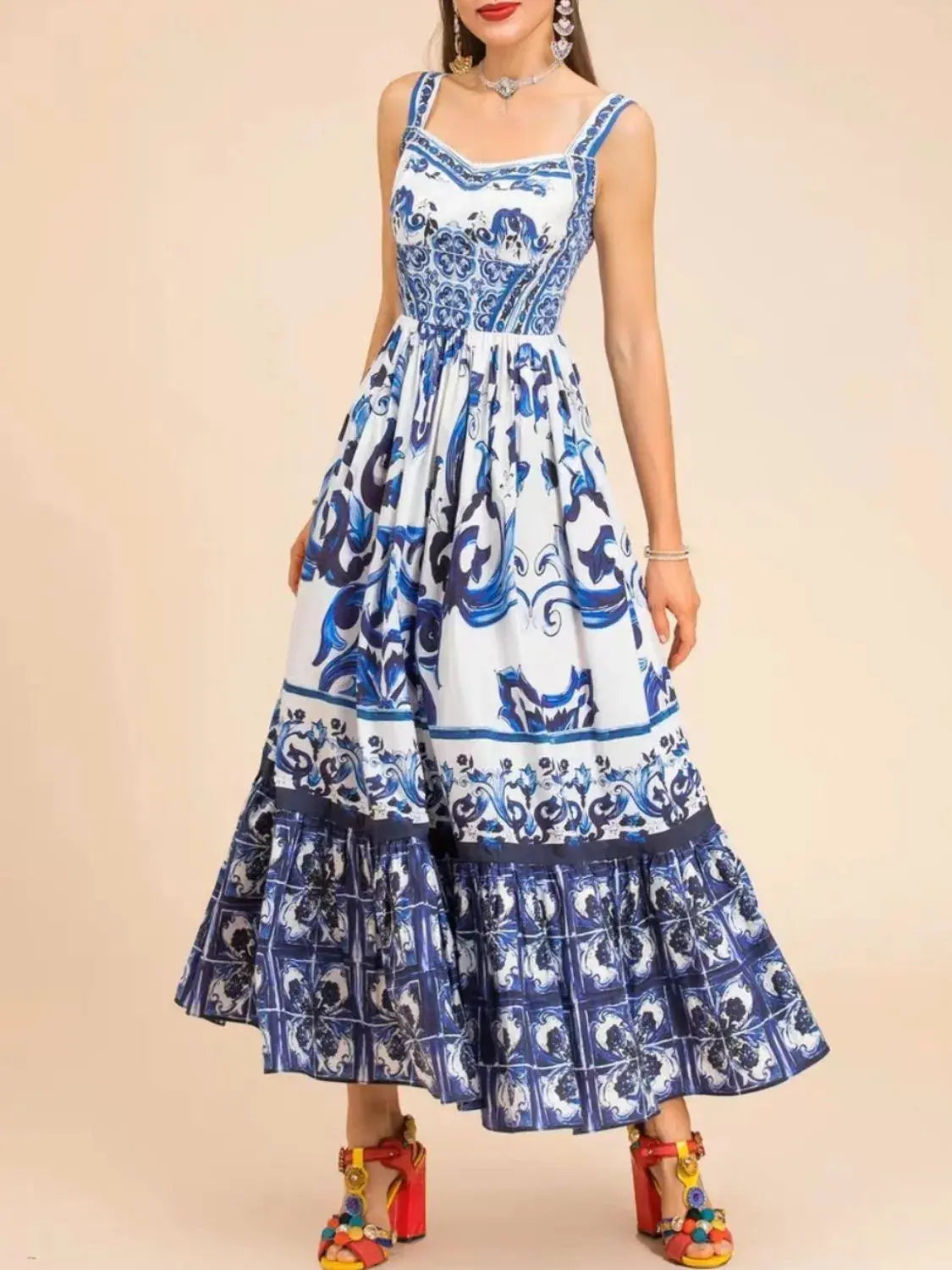 Smocked Blue Tile Print Wide Strap Midi Dress - Be Bliss Boutique