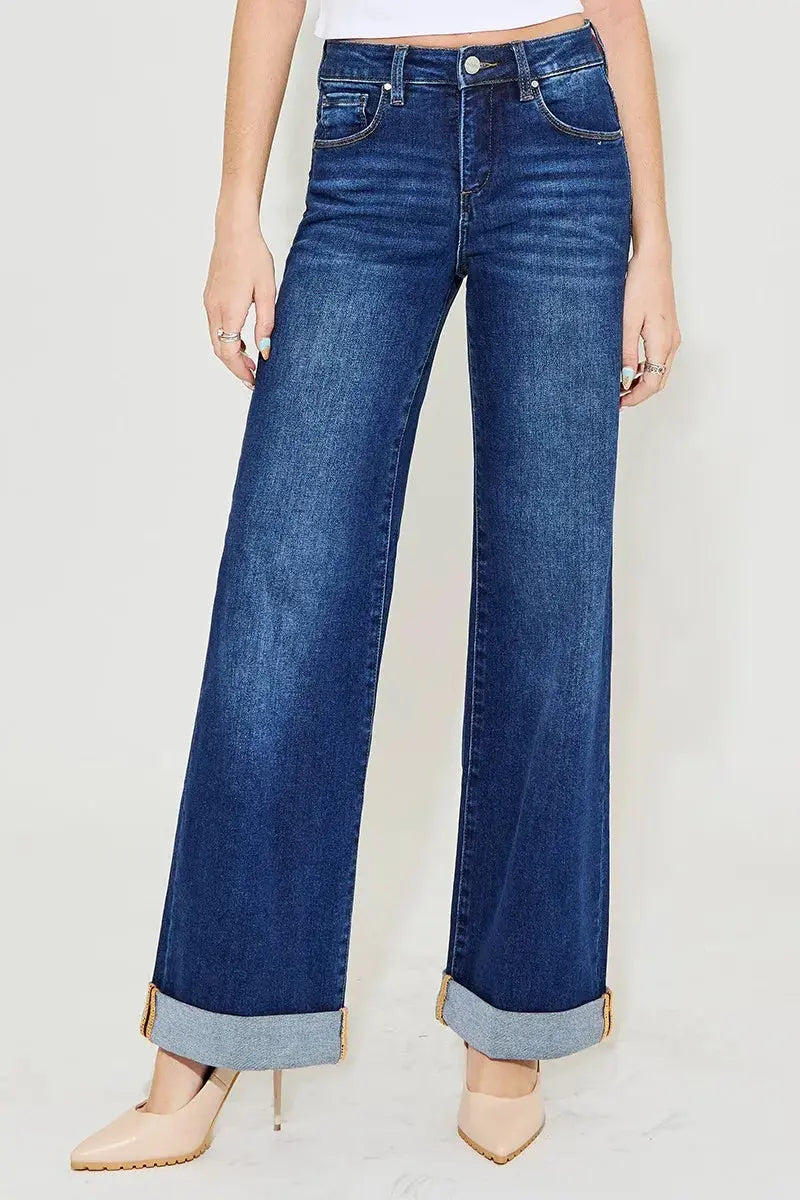 Full Size Tummy Control High Rise Wide Leg Cuffed RISEN Jeans - Be Bliss Boutique
