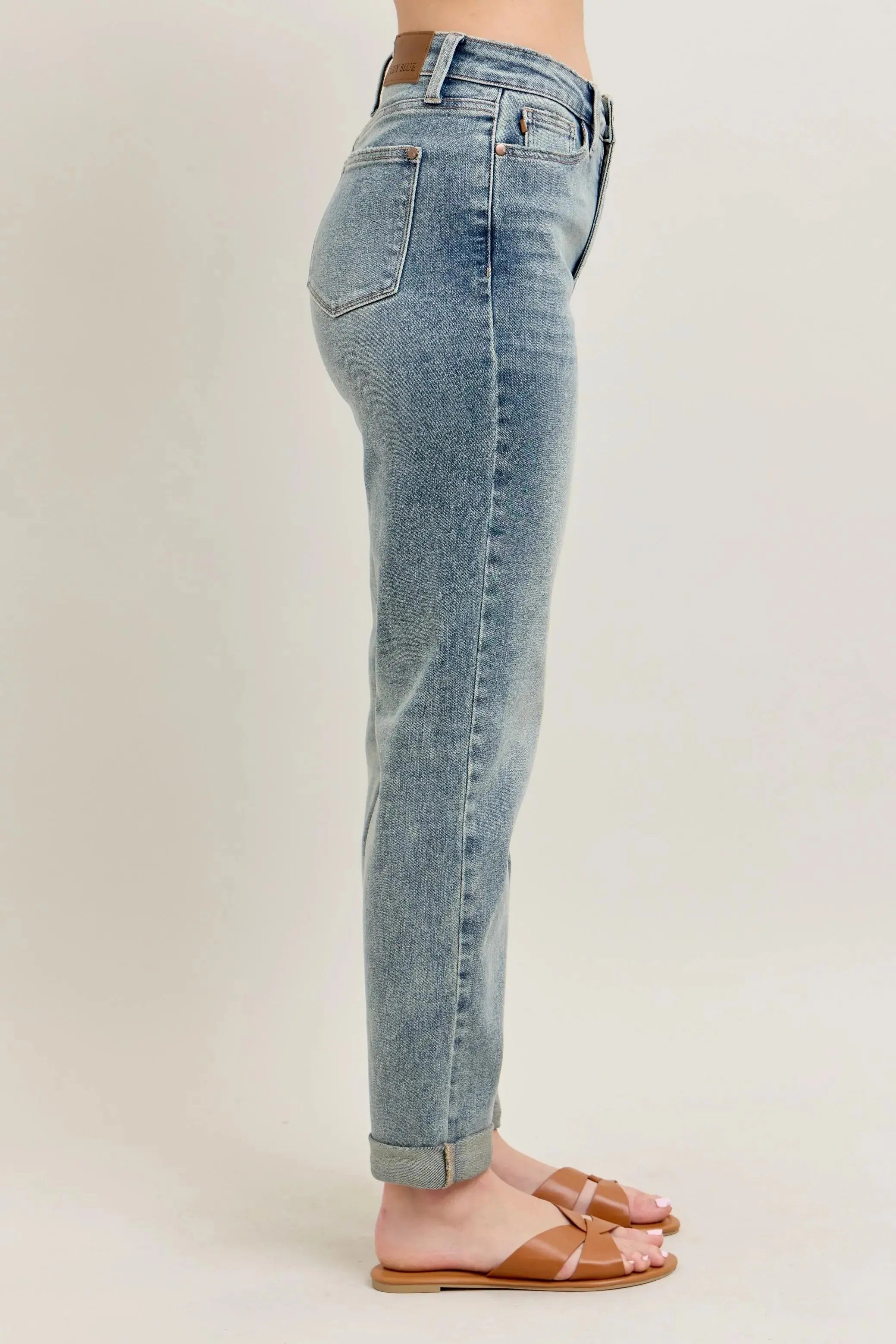 Judy Blue Jeans - Full Size High Waist Vintage Wash Double Roll Cuff Boyfriend Fit - Be Bliss Boutique