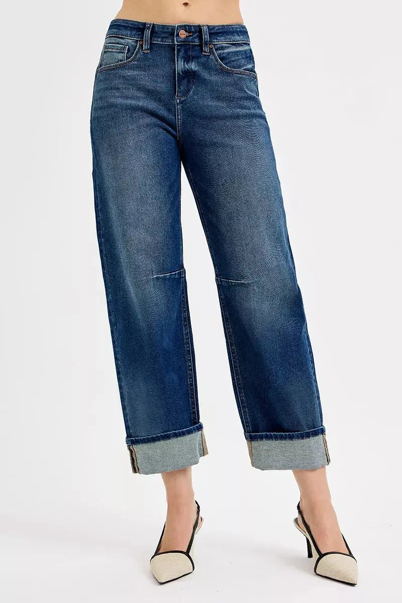 RISEN Jeans - Slouchy Crop Barrel Cuffed Jeans in Dark Wash - Be Bliss Boutique