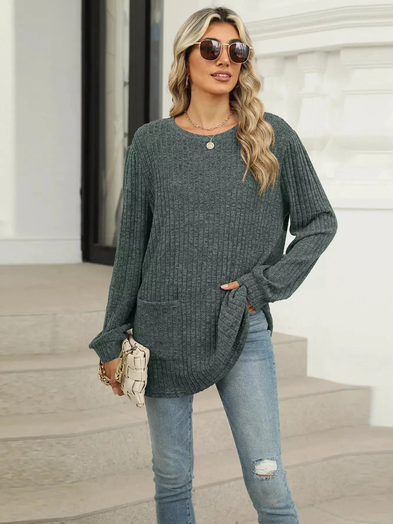 Cozy Ribbed Knit Long Sleeve Tunic Top with Pockets - Be Bliss Boutique