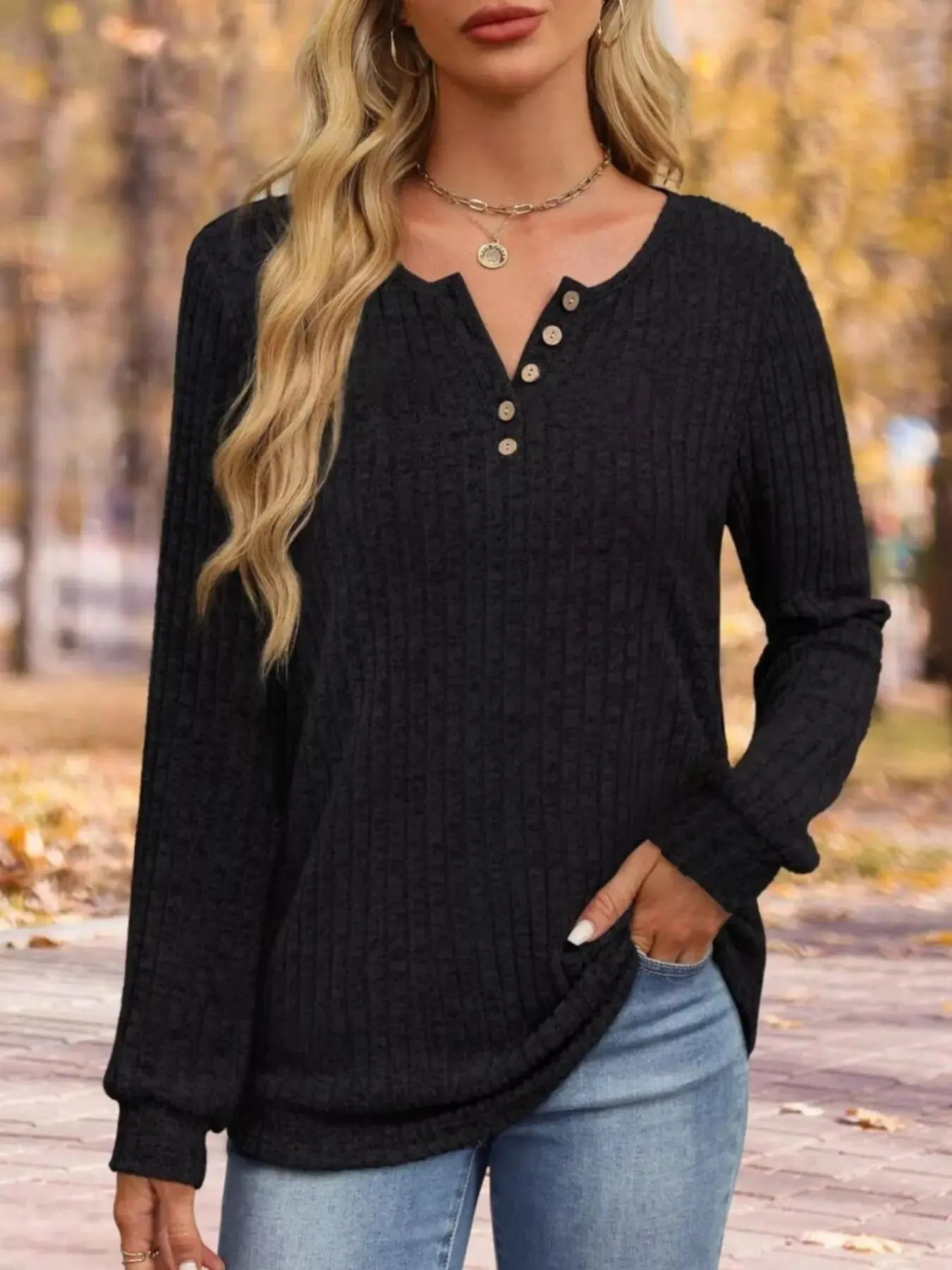 Ribbed Knit Button Front Long Sleeve T Shirt - Be Bliss Boutique