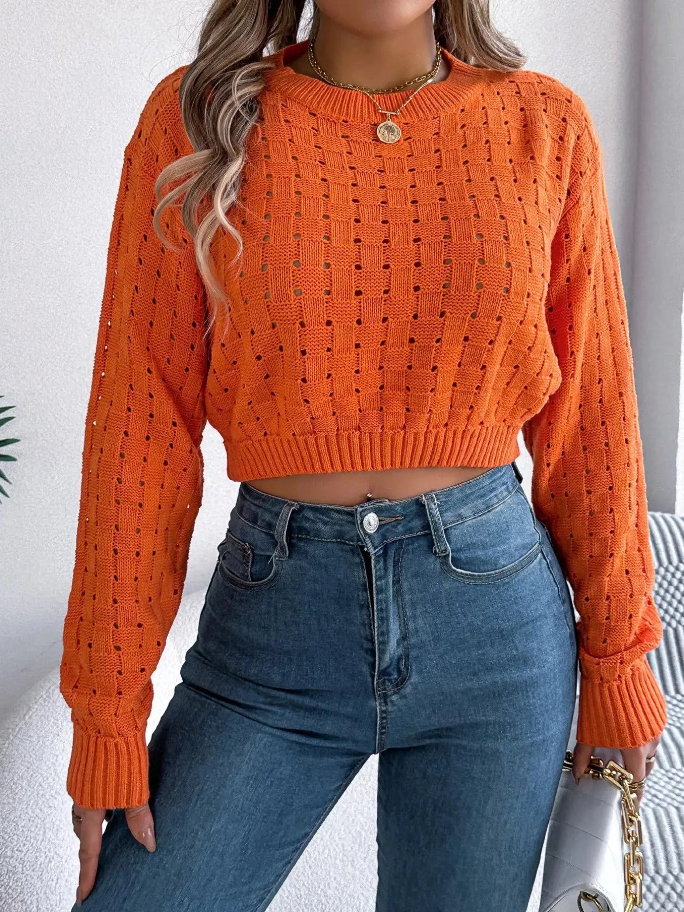 Round Neck Cutout Back Long Sleeve Openwork Sweater - Be Bliss Boutique