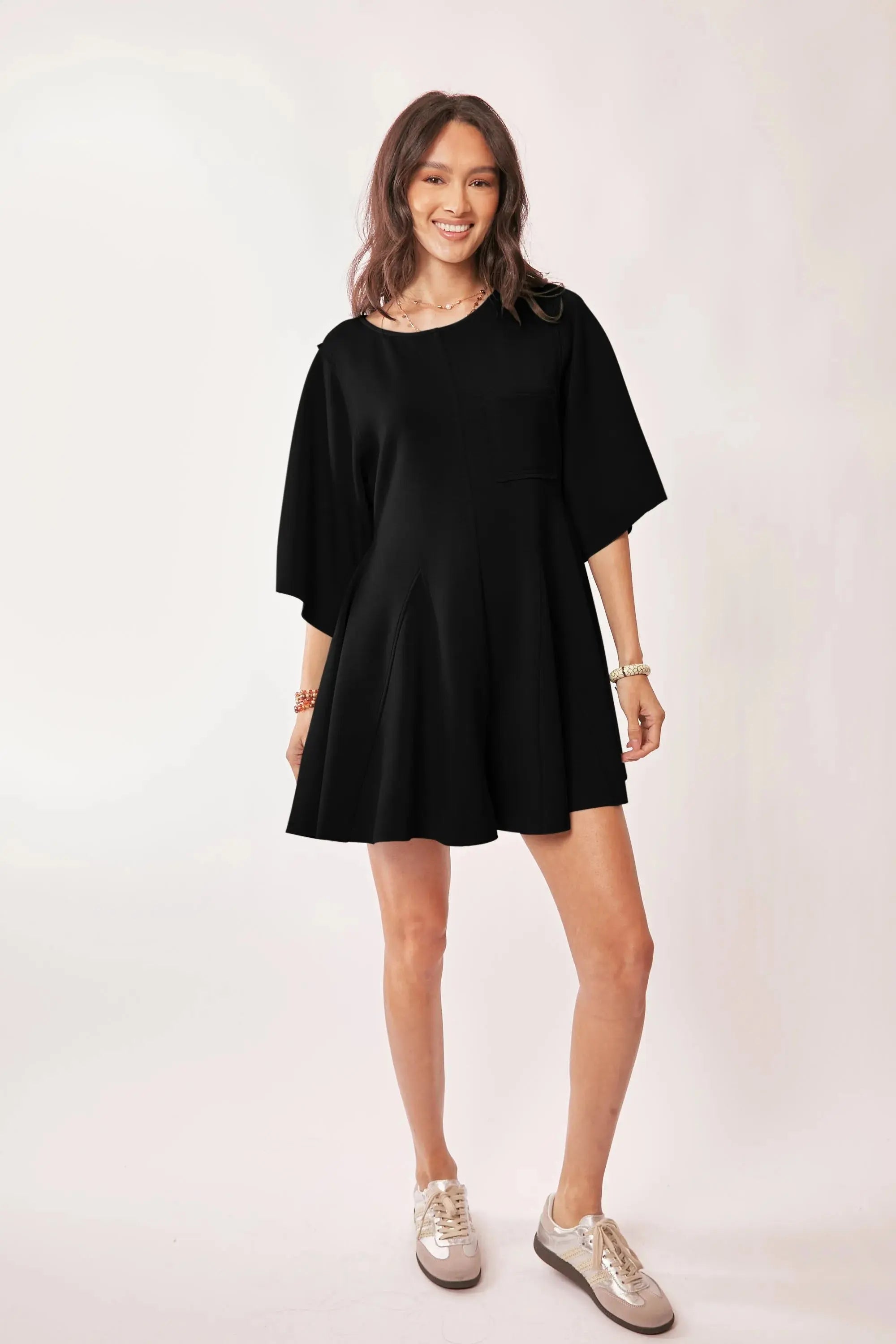 Davi & Dani “Midnight Flutter” Draped-Sleeve Skort Romper - Be Bliss Boutique