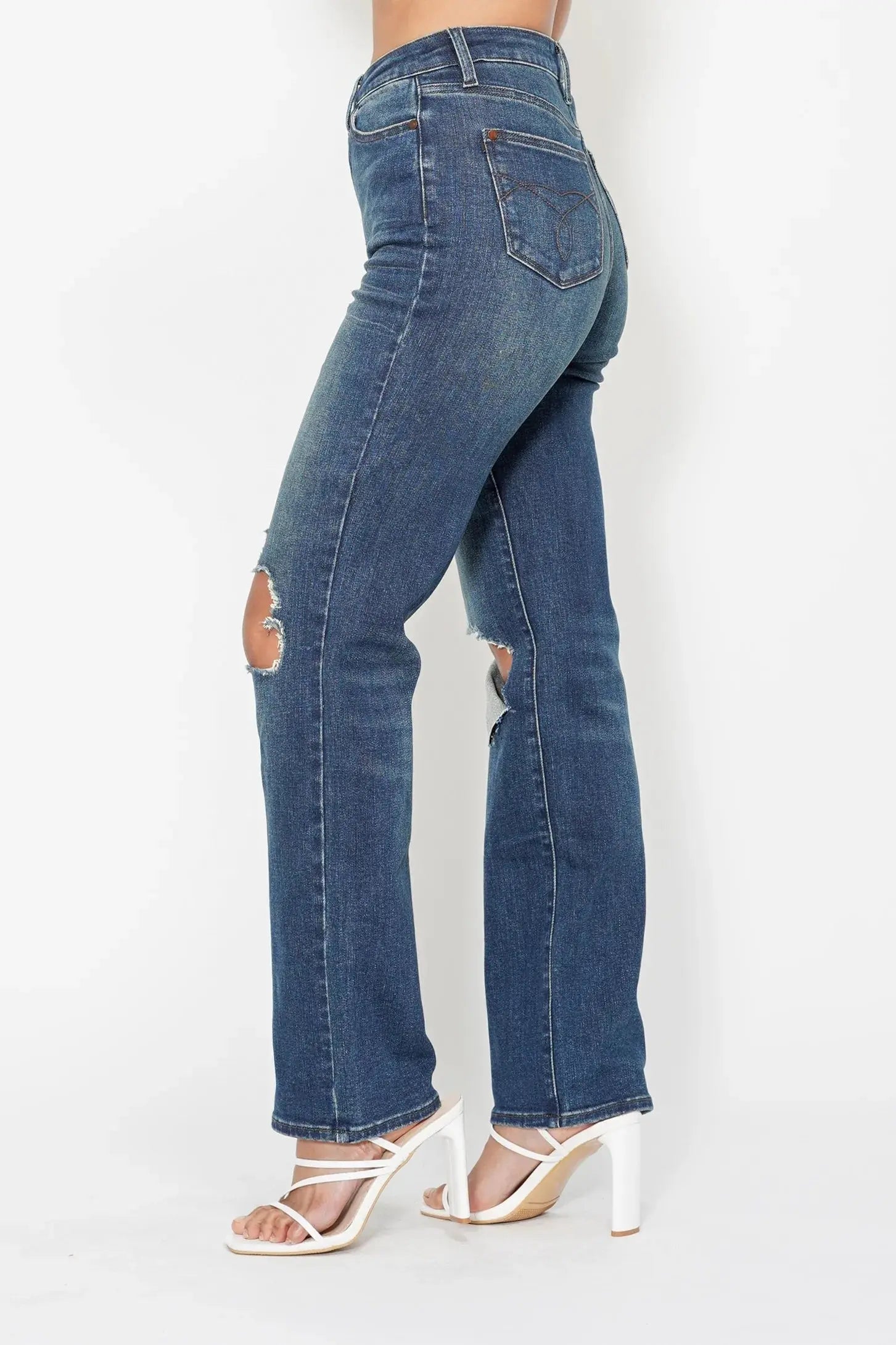 Full Size High Waist Ripped Knee Straight Leg Dad Judy Blue Jeans - Be Bliss Boutique