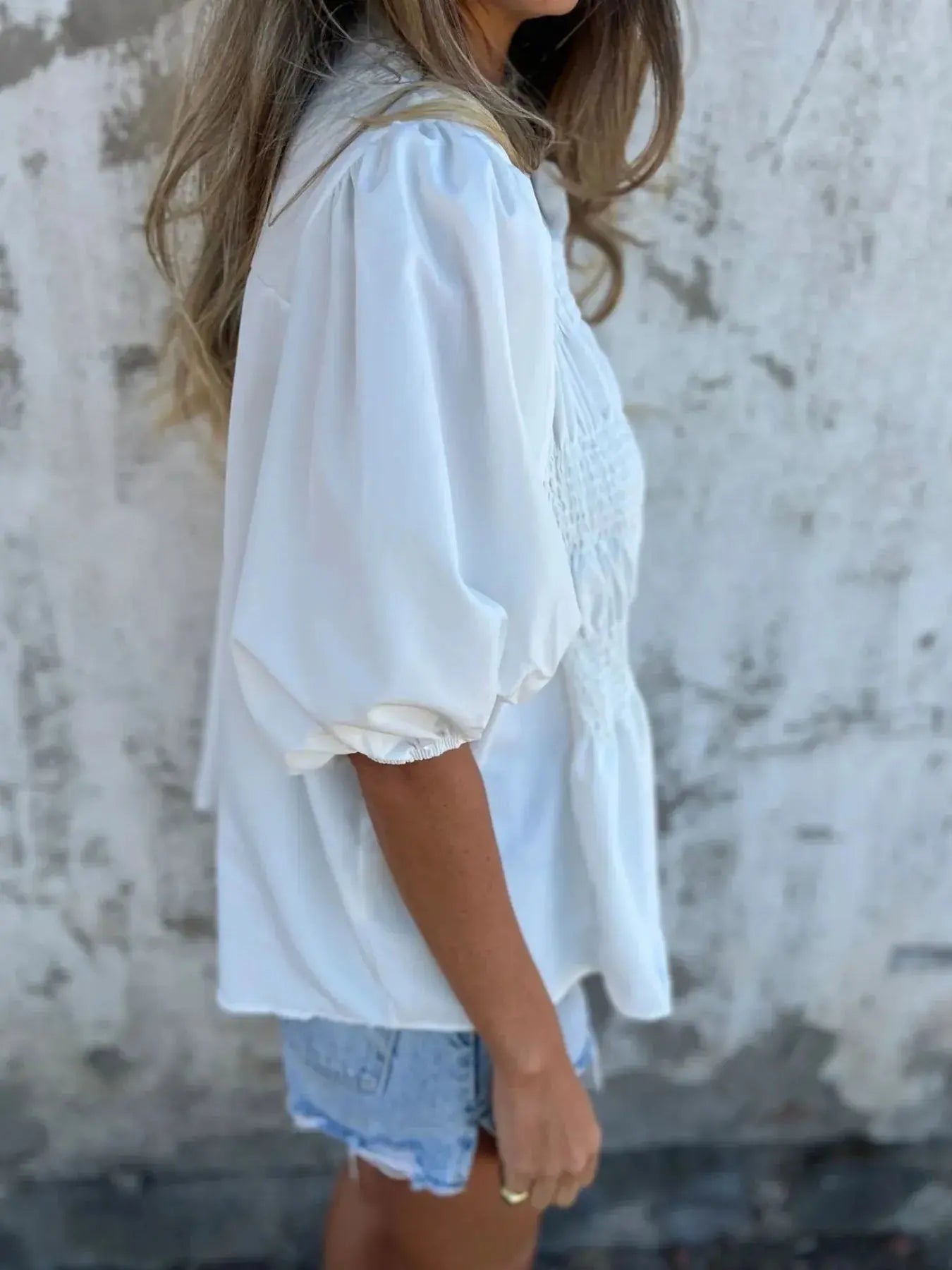 Full Size Red Smocked Button Puff Sleeve Blouse – Plus Size - Be Bliss Boutique