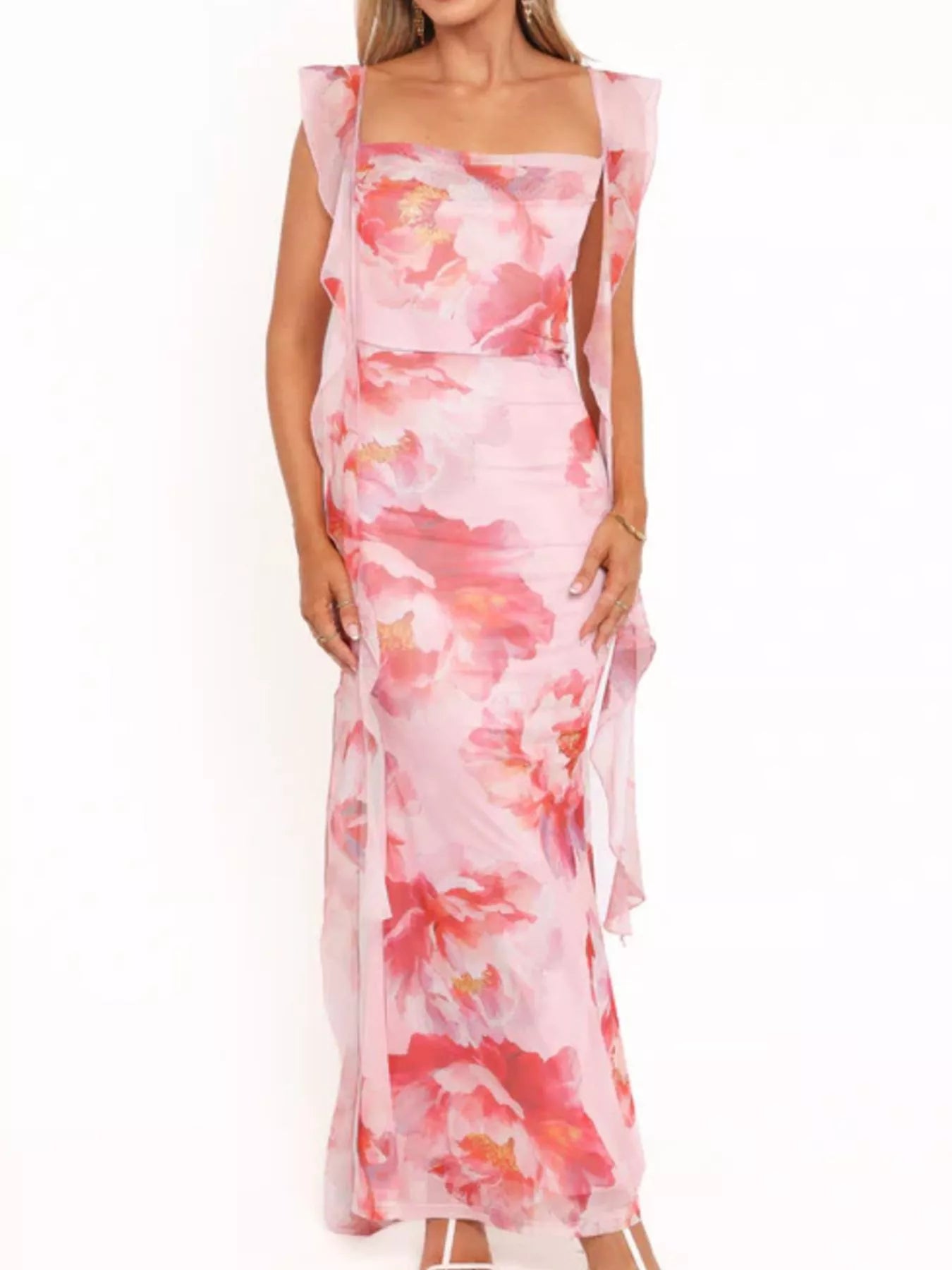 Floral Print Ruffle Trim Bodycon Maxi Dress - Be Bliss Boutique