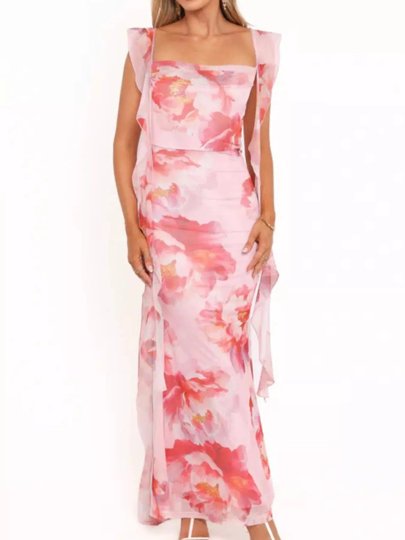 Floral Print Ruffle Trim Bodycon Maxi Dress - Be Bliss Boutique