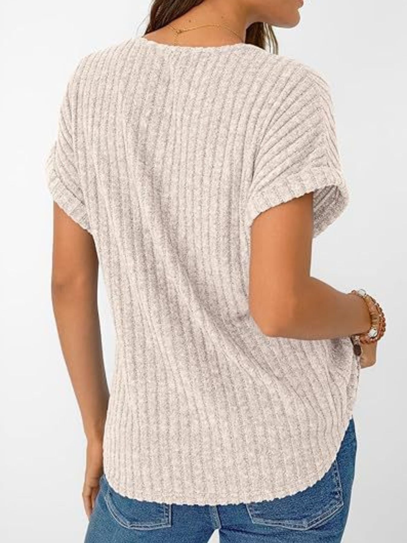 Ribbed Knit V Neck Relaxed Fit T Shirt - Be Bliss Boutique