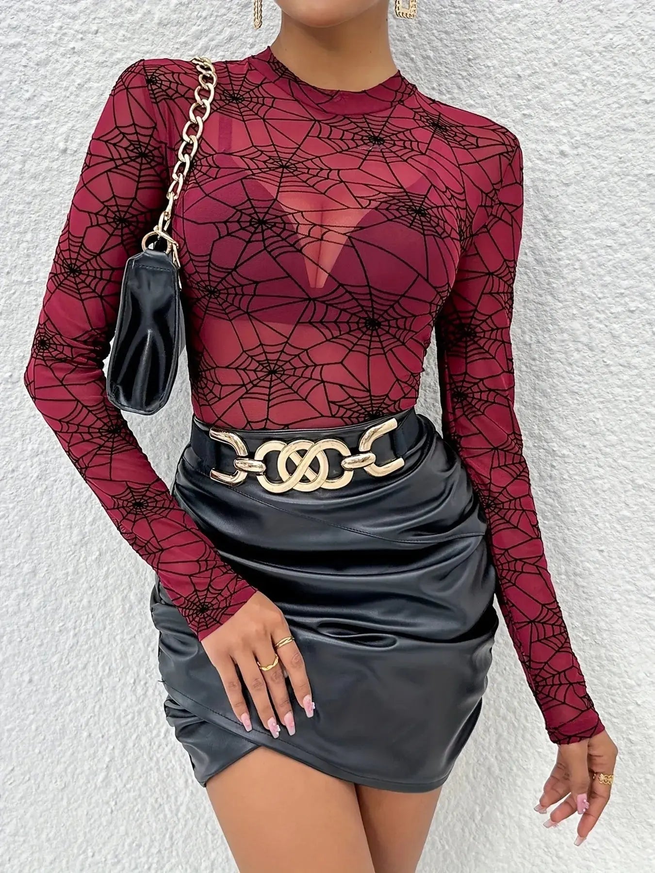 Spider Web Print Mesh Long Sleeve Blouse - Be Bliss Boutique