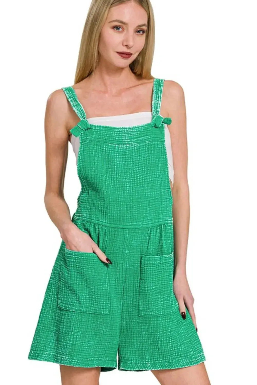 Zenana Woven Green Acid Washed Cotton Gauze Romper with Pockets - Be Bliss Boutique