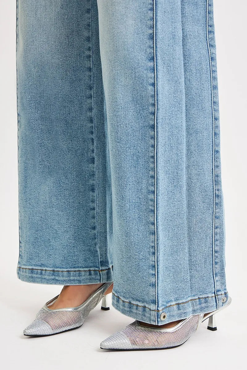 RISEN Jeans - Mid Rise Wide Barrel Transferable Leg Snap Jeans - Be Bliss Boutique