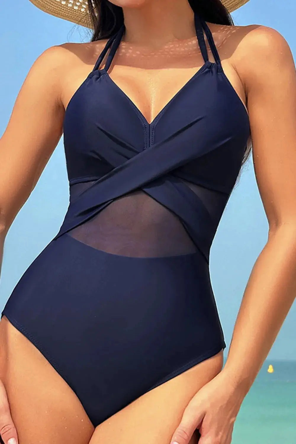 Crisscross Halter Mesh Panel One Piece Swimsuit - Be Bliss Boutique
