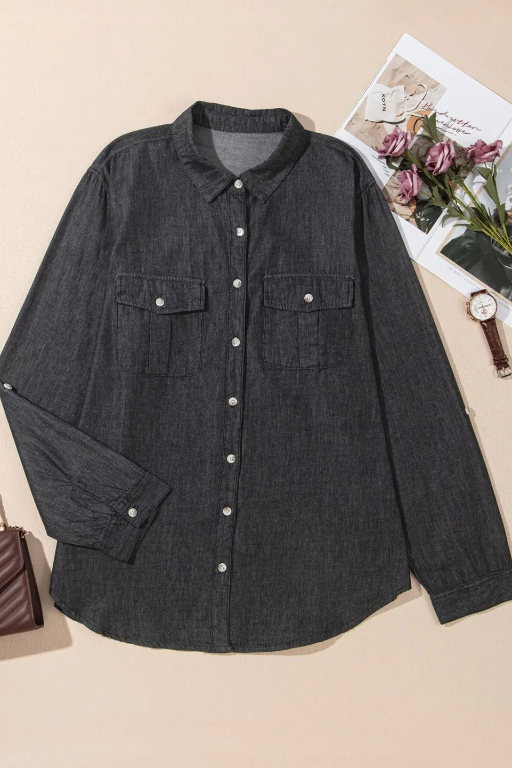 Pocketed Collared Neck Long Sleeve Denim Top - Be Bliss Boutique