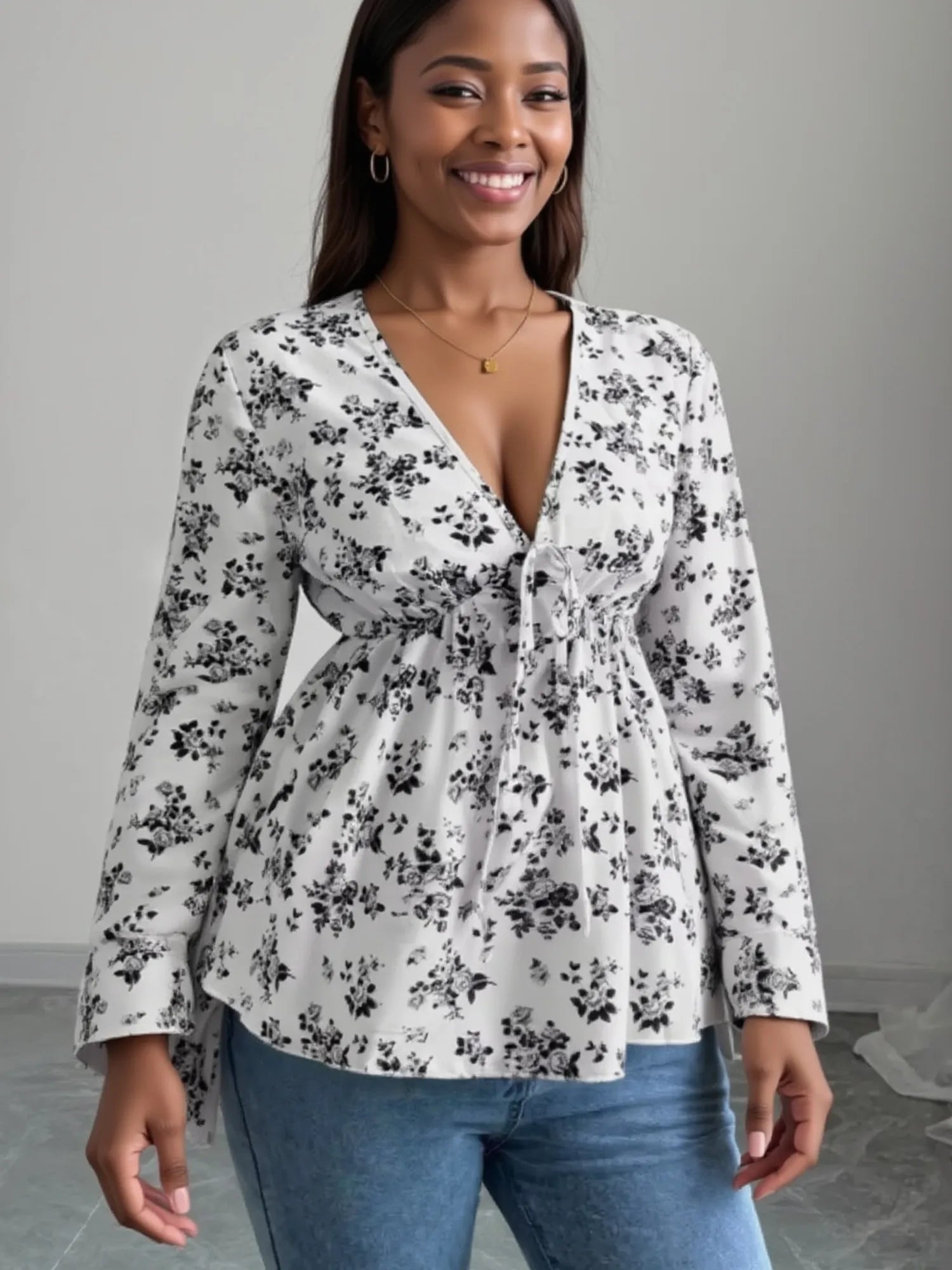 Floral Print V-Neck Long Sleeve Blouse - Be Bliss Boutique