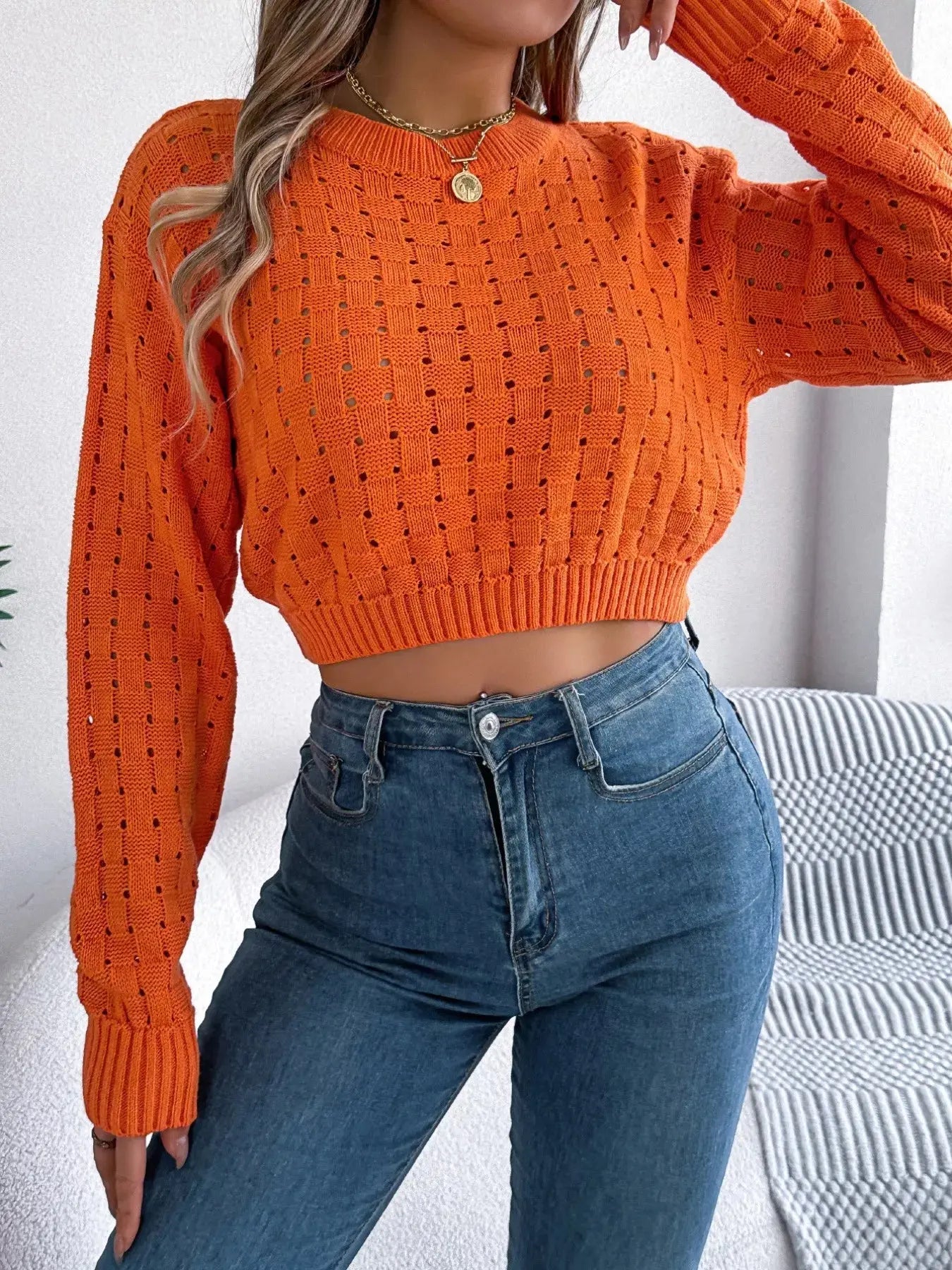 Round Neck Cutout Back Long Sleeve Openwork Sweater - Be Bliss Boutique