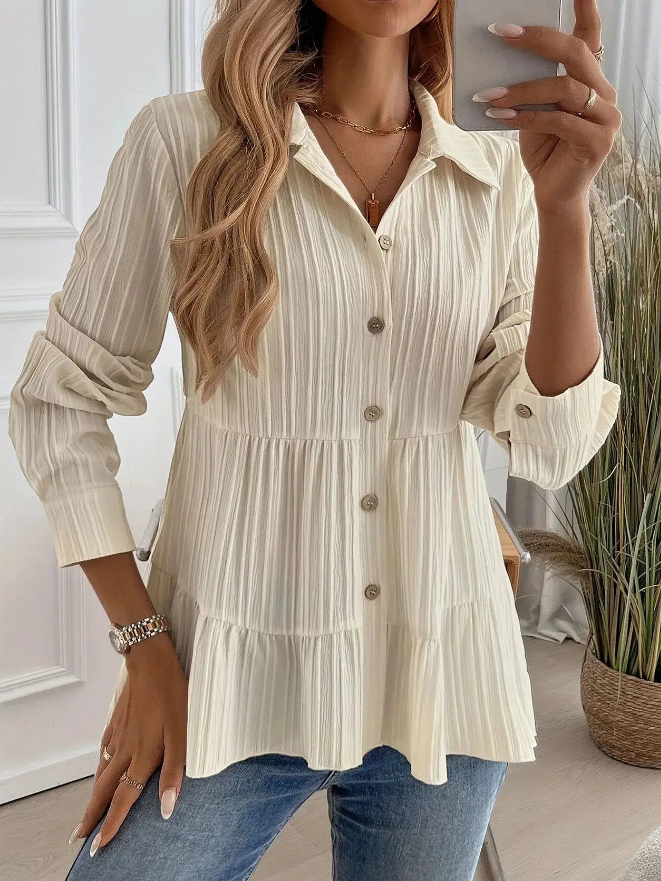 Striped Tiered Button Down Shirt - Be Bliss Boutique