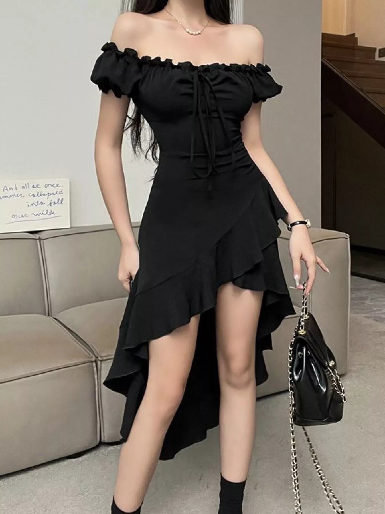 Off-Shoulder Ruffle Hem High Low Dress - Be Bliss Boutique