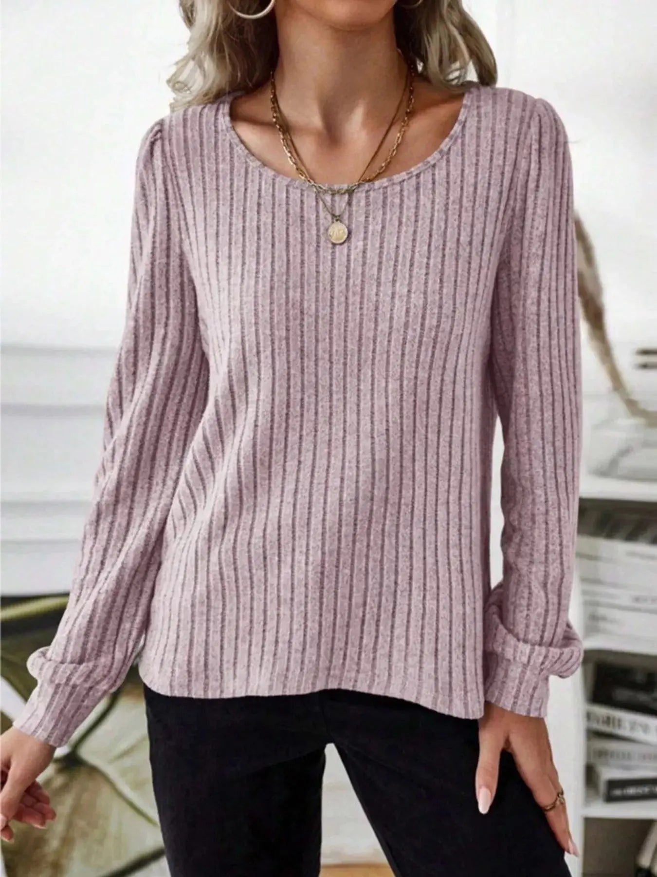 Ribbed Knit Long Sleeve T Shirt - Be Bliss Boutique