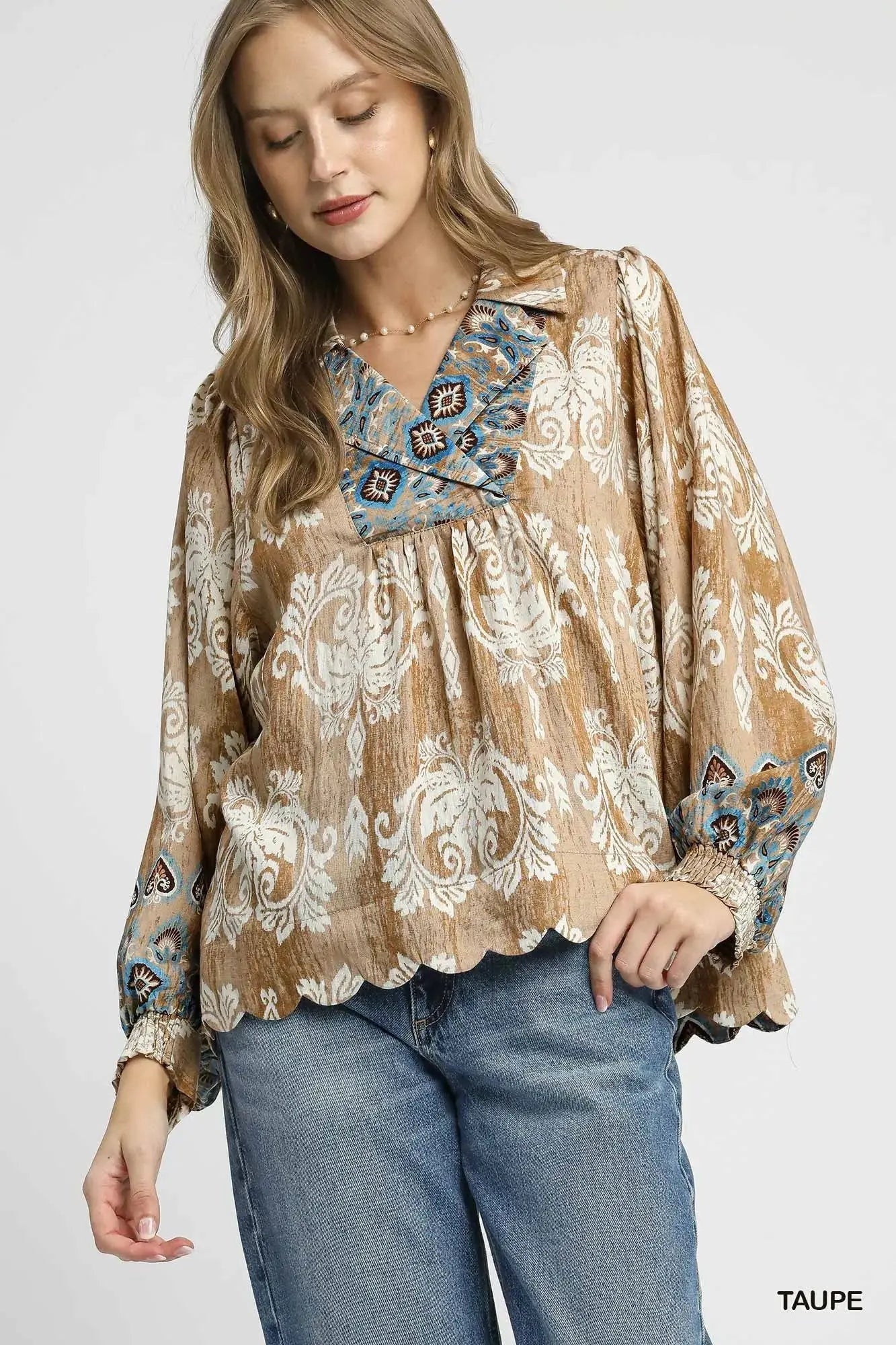 Umgee Floral Boho Blouse with Scalloped Hem - Be Bliss Boutique