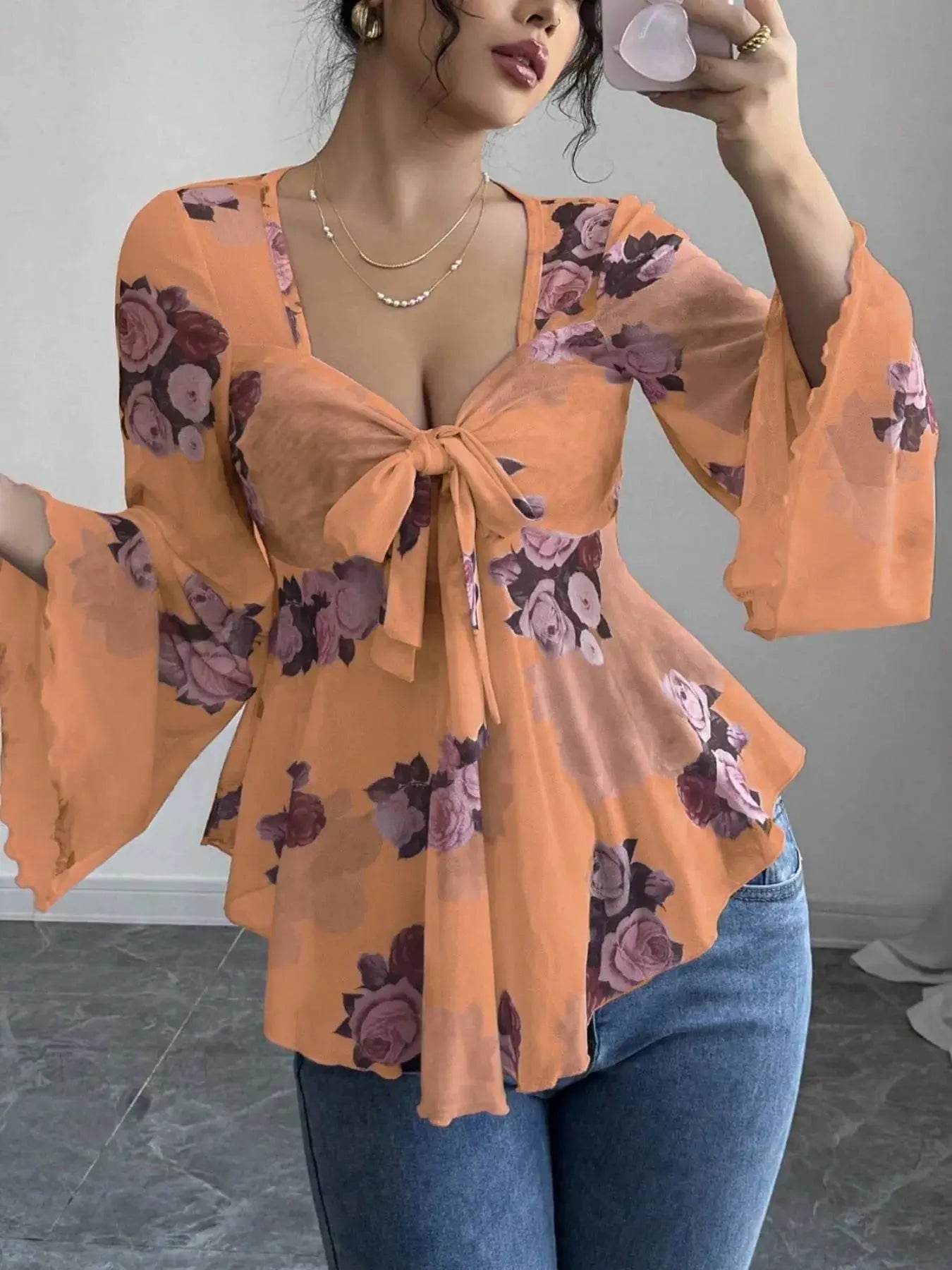 Floral Tie Front Flare Sleeve Blouse - Be Bliss Boutique