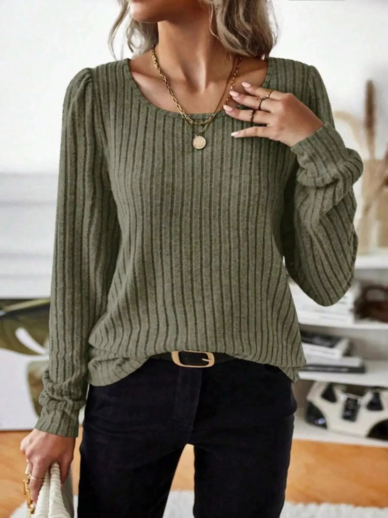 Ribbed Knit Long Sleeve T Shirt - Be Bliss Boutique