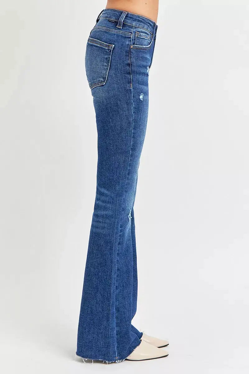 RISEN Jeans - Plus Size Distressed Mid Rise Flare Jeans - Be Bliss Boutique