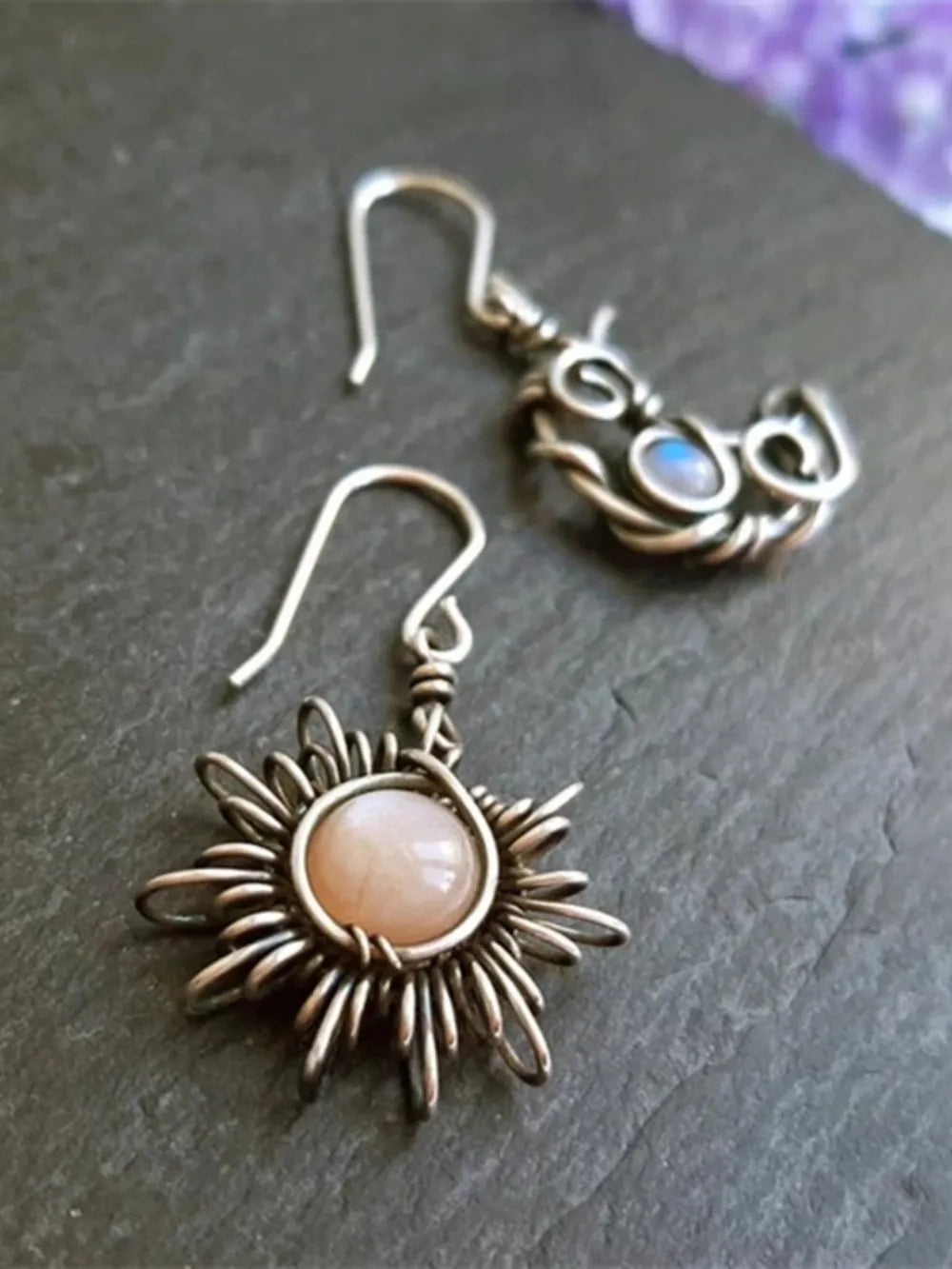 Moonstone Sun & Moon Celestial Drop Earrings – Boho Alloy Dangle Jewelry - Be Bliss Boutique