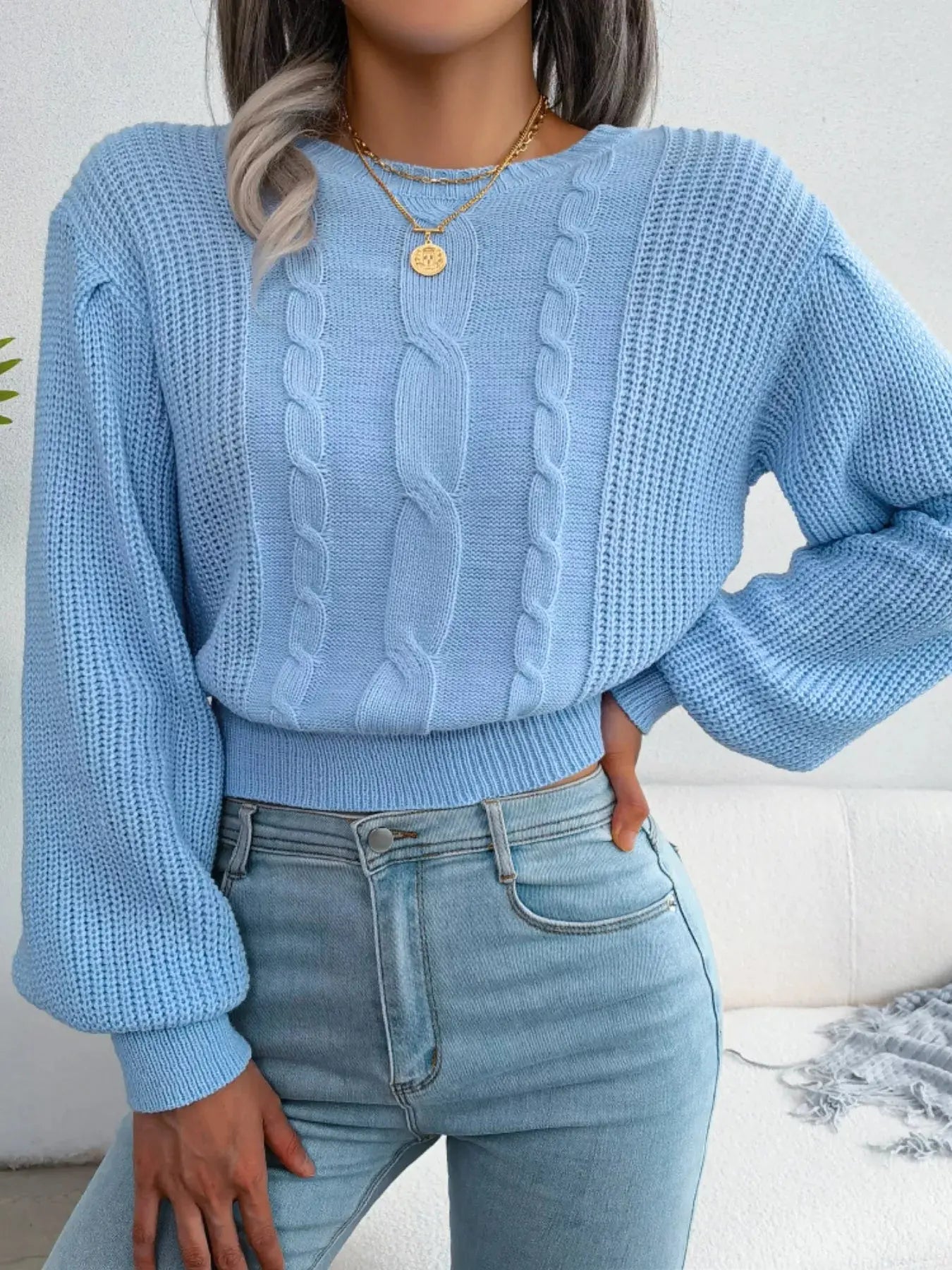 Cable Knit Crew Neck Cropped Sweater - Be Bliss Boutique
