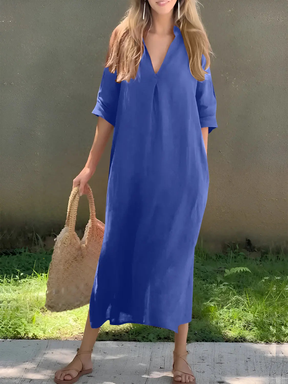 Full Size Notched Half Sleeve Midi Dress - Be Bliss Boutique