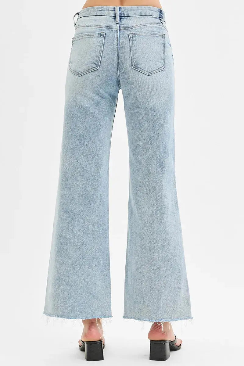 Full Size Tummy Control Low Rise Wide Leg Raw Cut Hem RISEN Jeans - Be Bliss Boutique