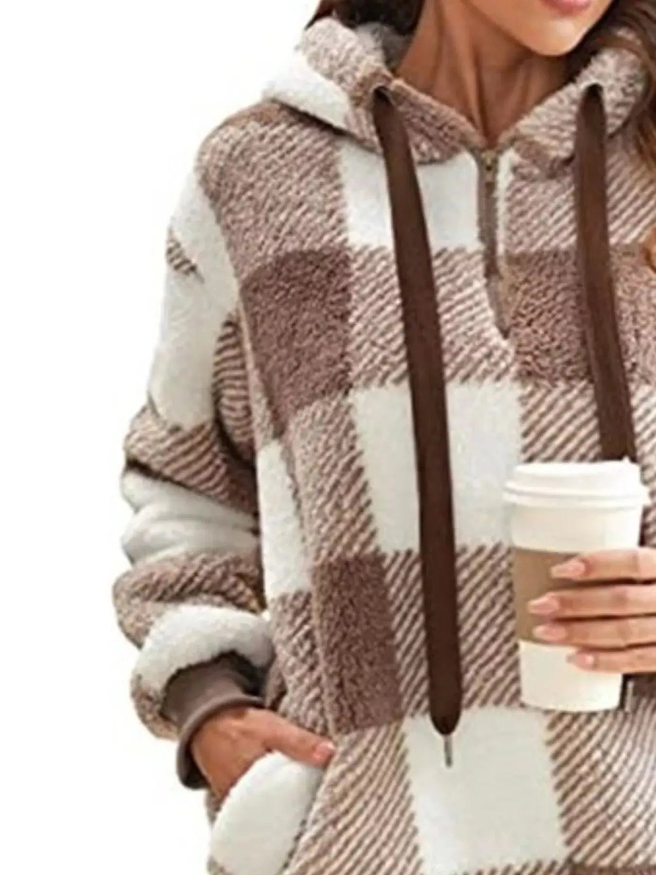 Plus Size Plaid Drawstring Sherpa Hoodie - Be Bliss Boutique