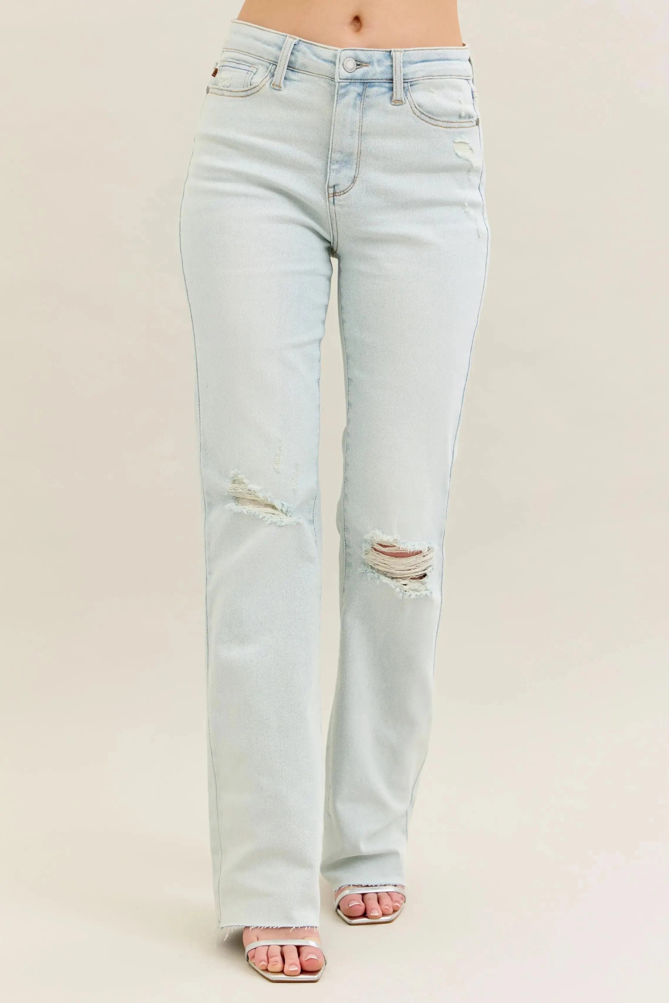 Full Size Light Wash Distressed Bootcut Judy Blue Jeans - Be Bliss Boutique