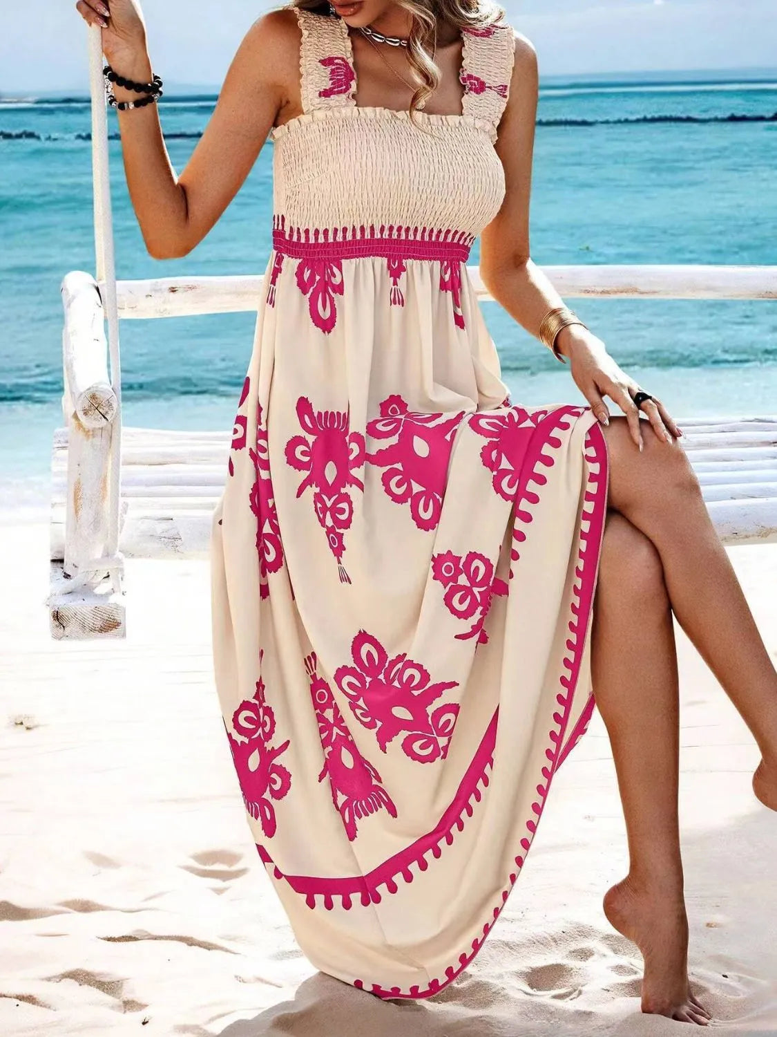 Smocked Printed Wide Strap Maxi Dress - Be Bliss Boutique
