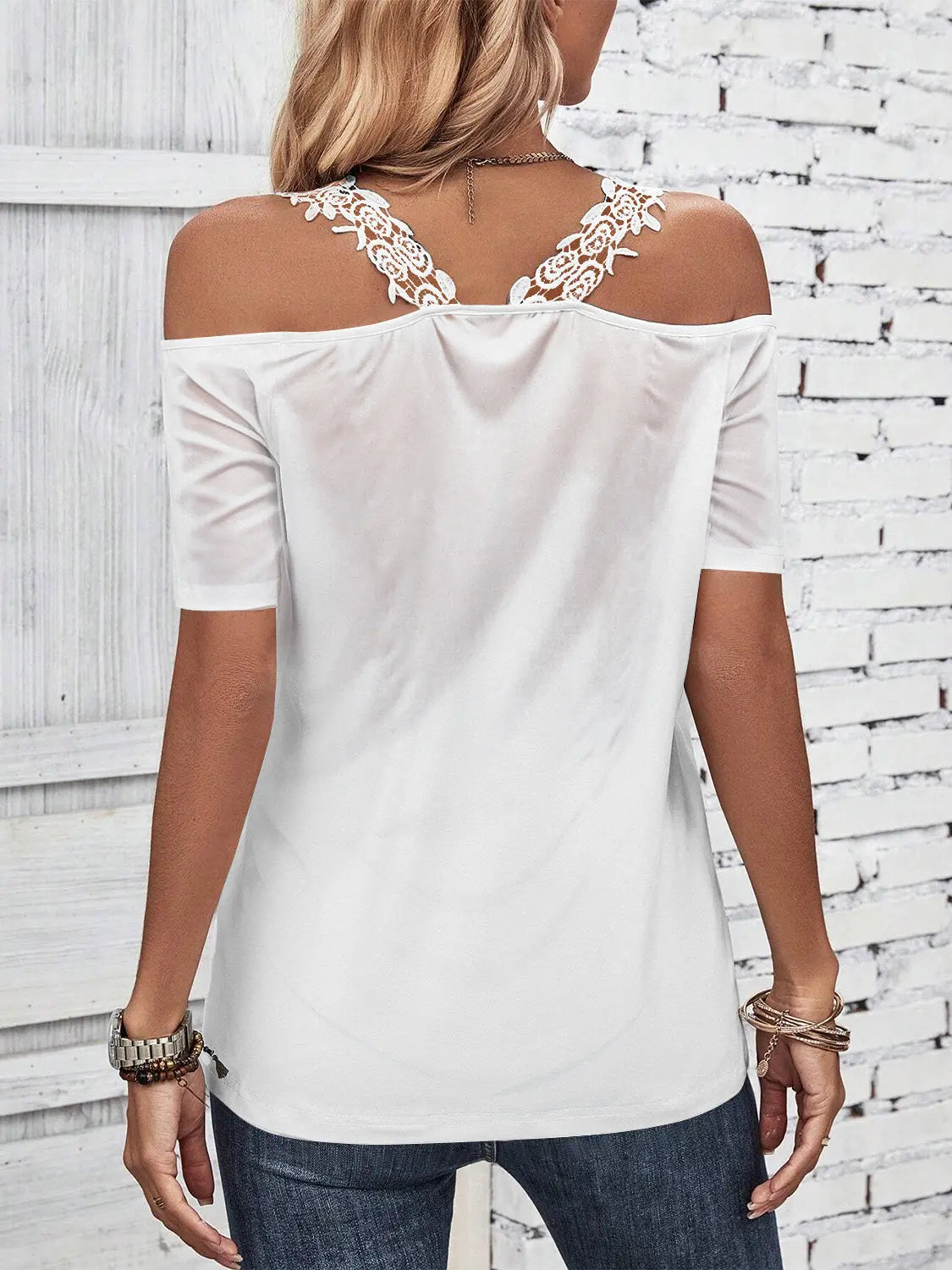 Full Size Lace Detail Short Sleeve T-Shirt - Be Bliss Boutique