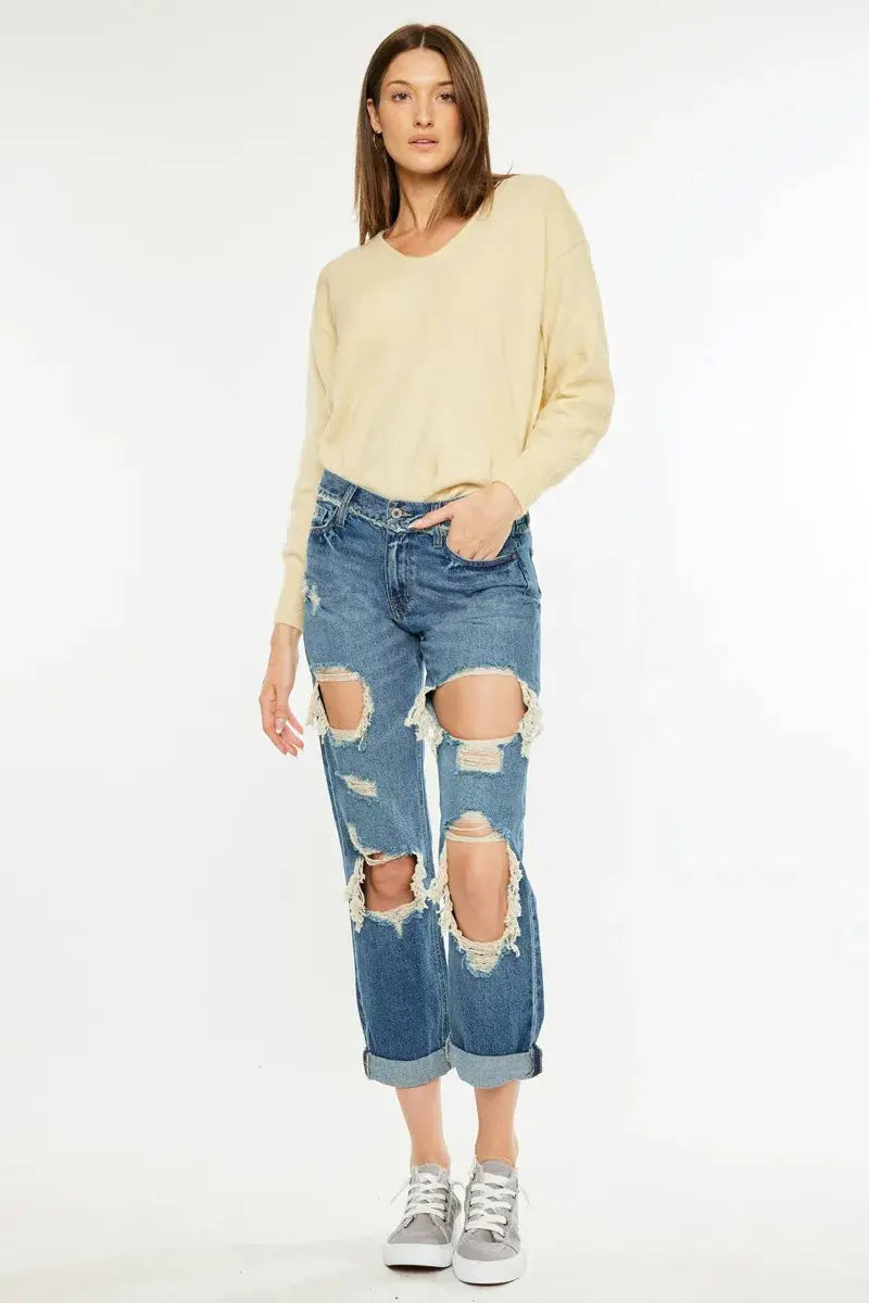 Distressed Mid Rise True Kancan Boyfriend Jeans - Be Bliss Boutique
