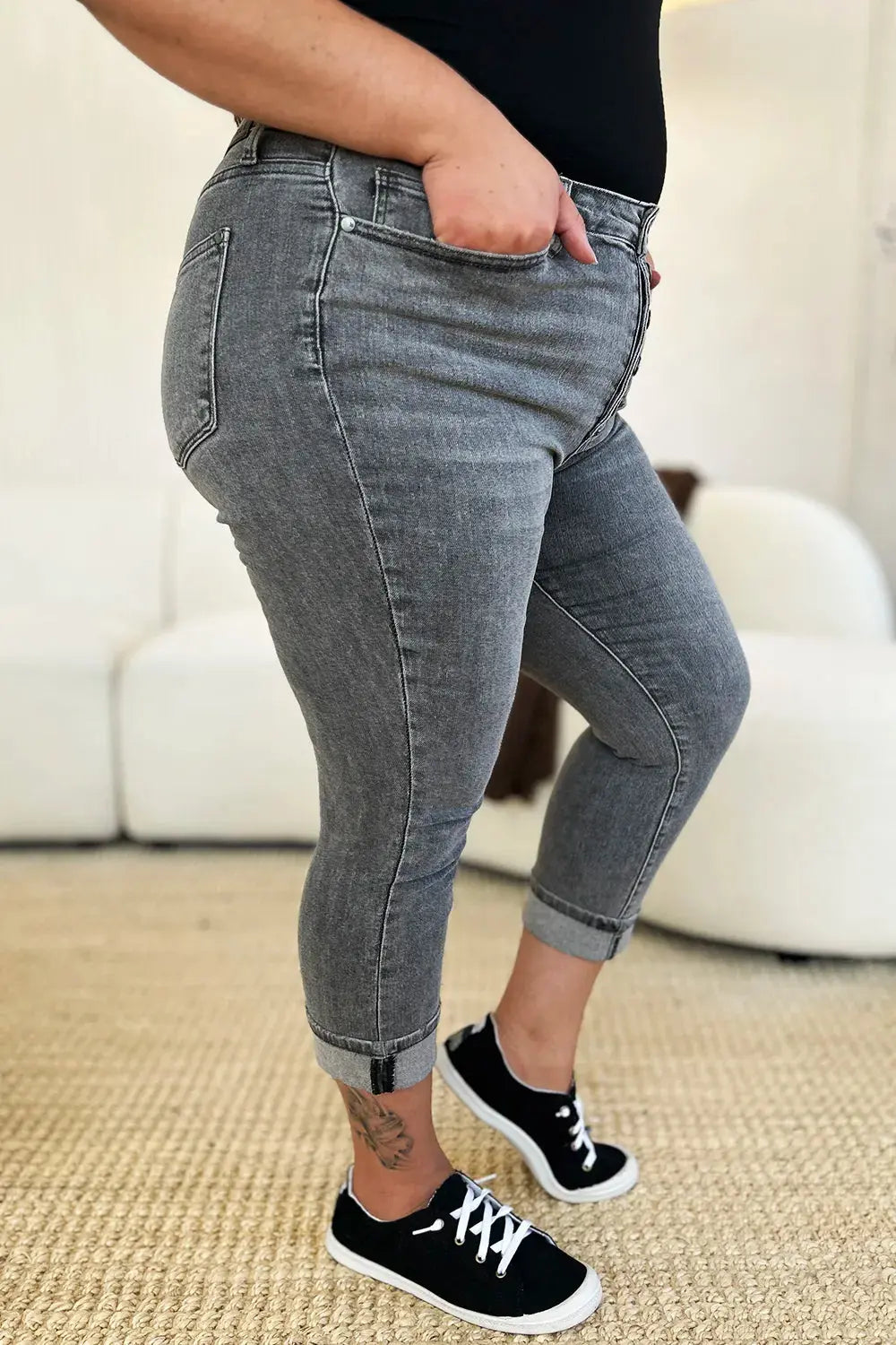 Judy Blue Jeans - Full Size Button Fly High Waist Cuffed Capris - Be Bliss Boutique