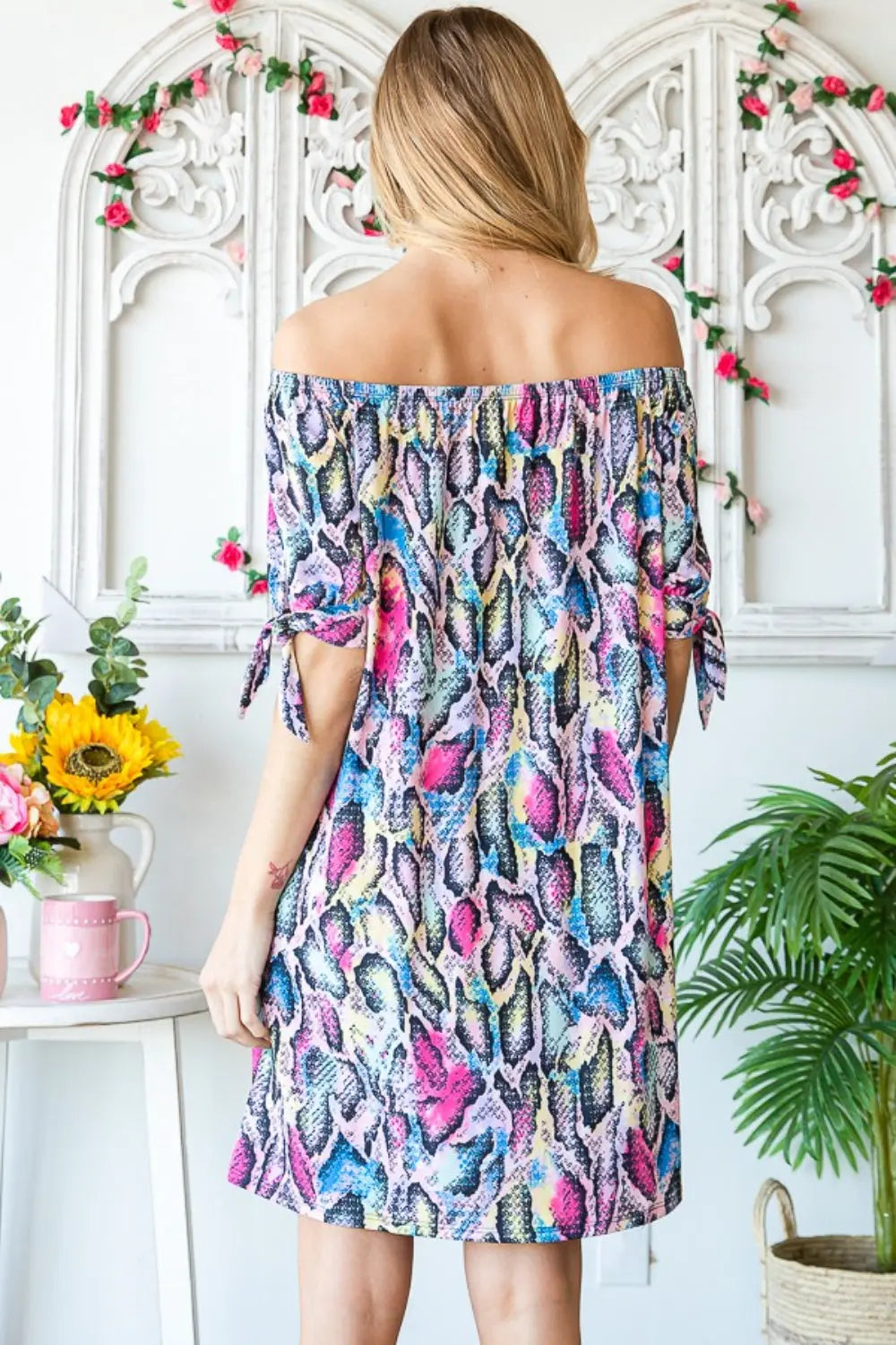 Heimish Full Size Off Shoulder Snake Print Mini Dress - Be Bliss Boutique