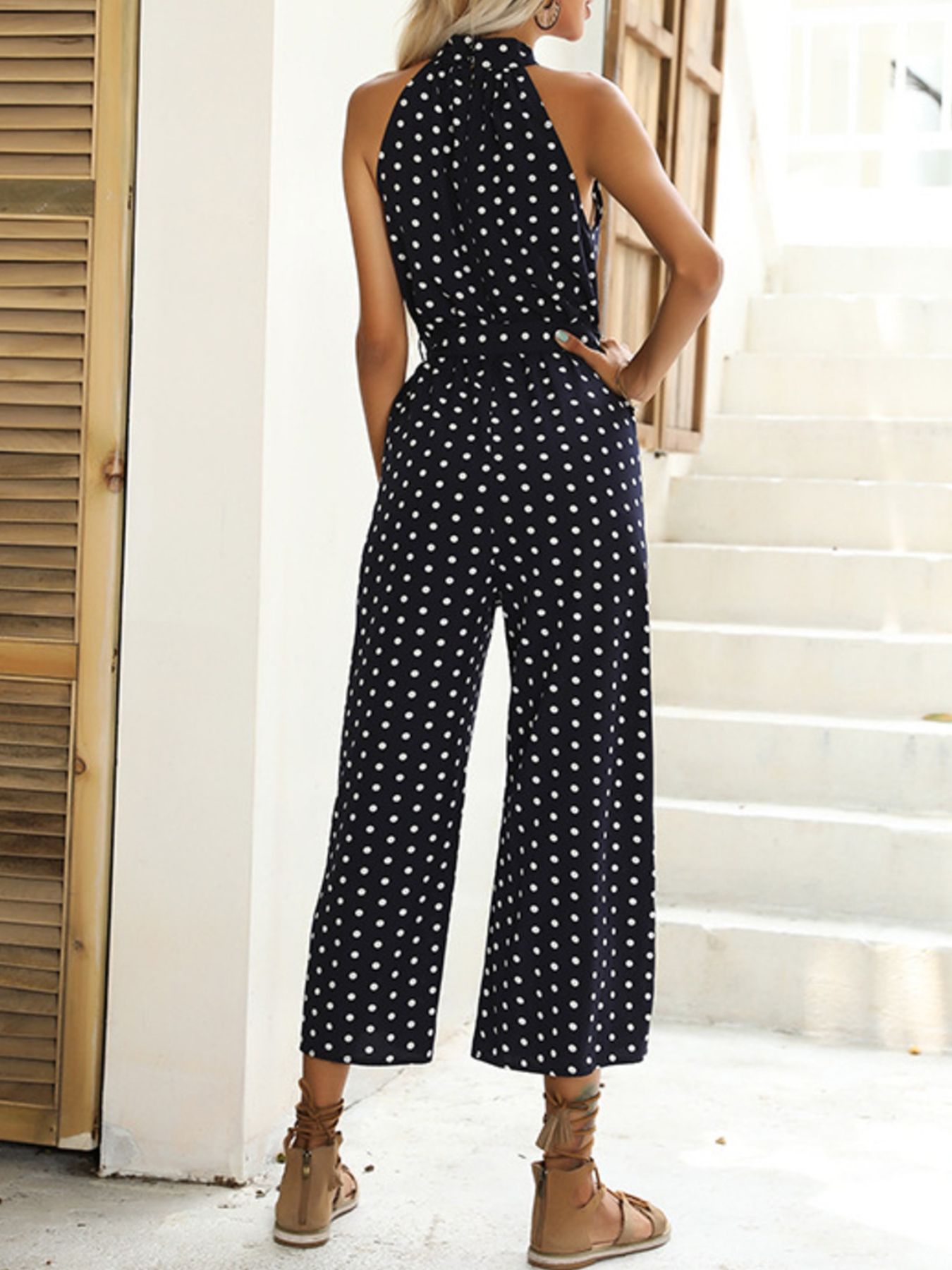 Polka Dot Halter Neck Wide Leg Jumpsuit - Be Bliss Boutique