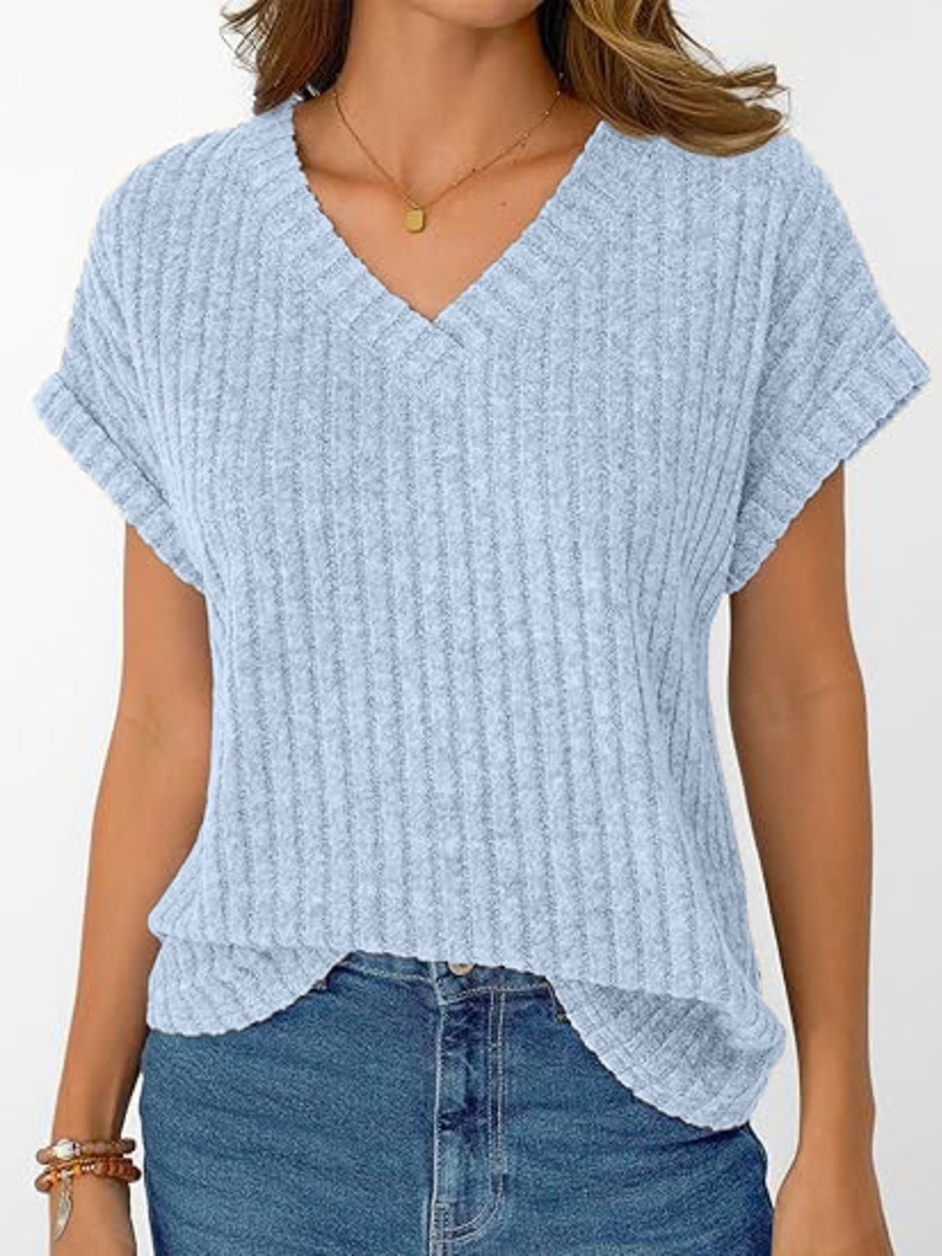 Ribbed Knit V Neck Relaxed Fit T Shirt - Be Bliss Boutique