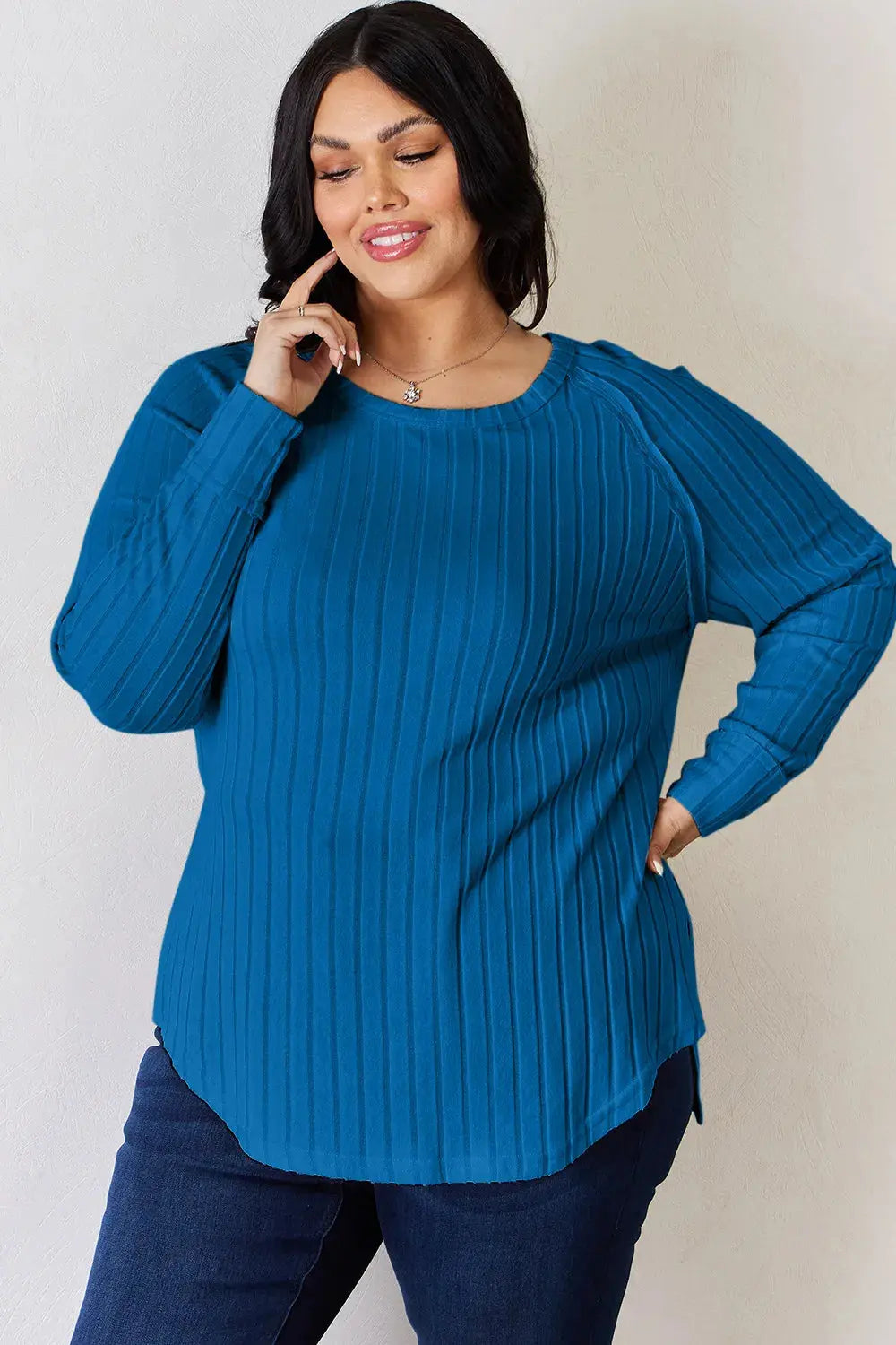 Basic Bae Ribbed Round Neck Slit Womens Long Sleeve T Shirt – Full & Plus Size - Be Bliss Boutique