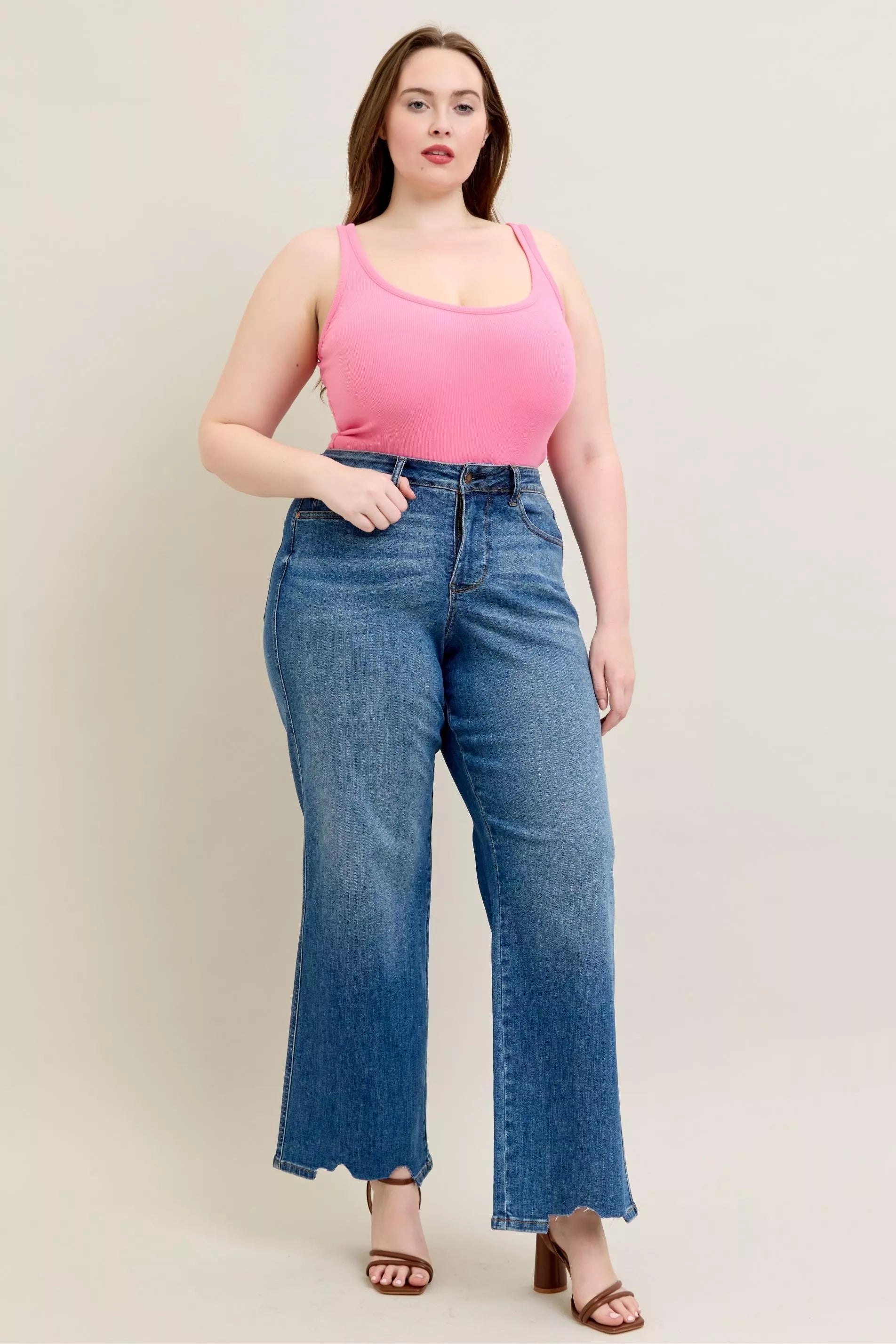 Judy Blue Full Size High Waist Tummy Control Chew Hem Destroy Wide Jeans Plus Size - Be Bliss Boutique