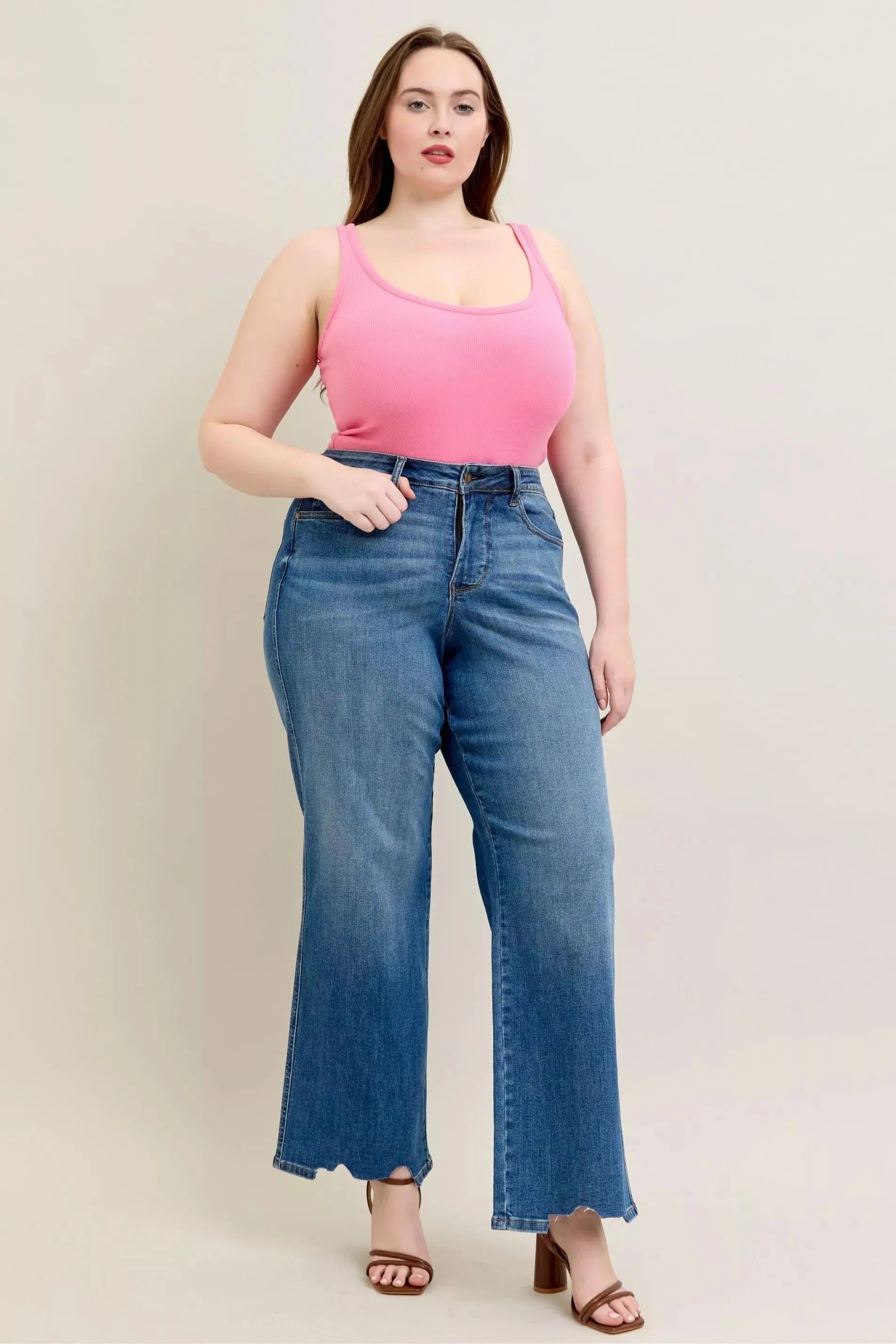 Judy Blue Full Size High Waist Tummy Control Destroy Wide Leg Jeans with Chew Hem - Be Bliss Boutique