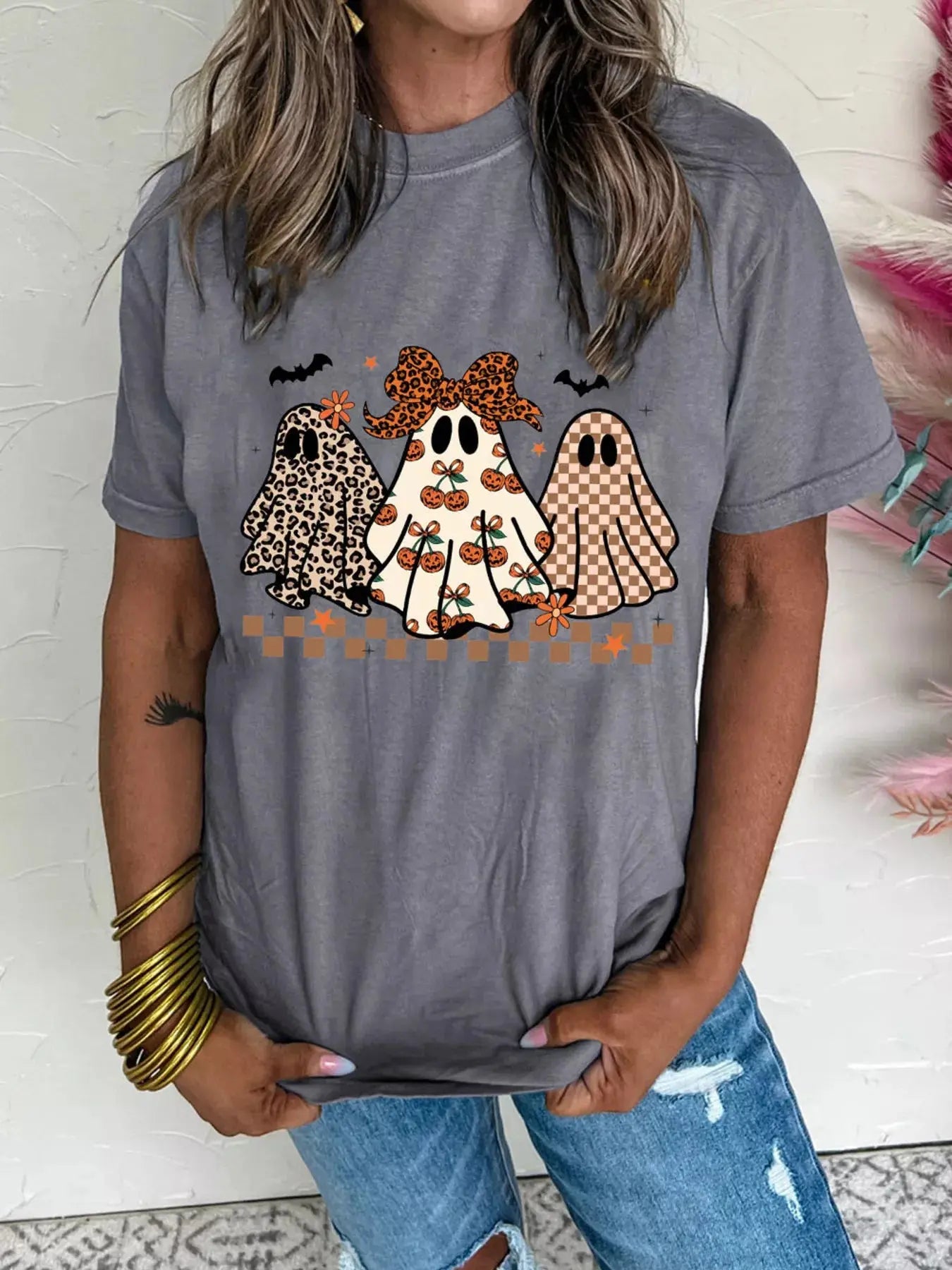 Round Neck Casual Ghost Halloween Graphic T Shirt - Be Bliss Boutique