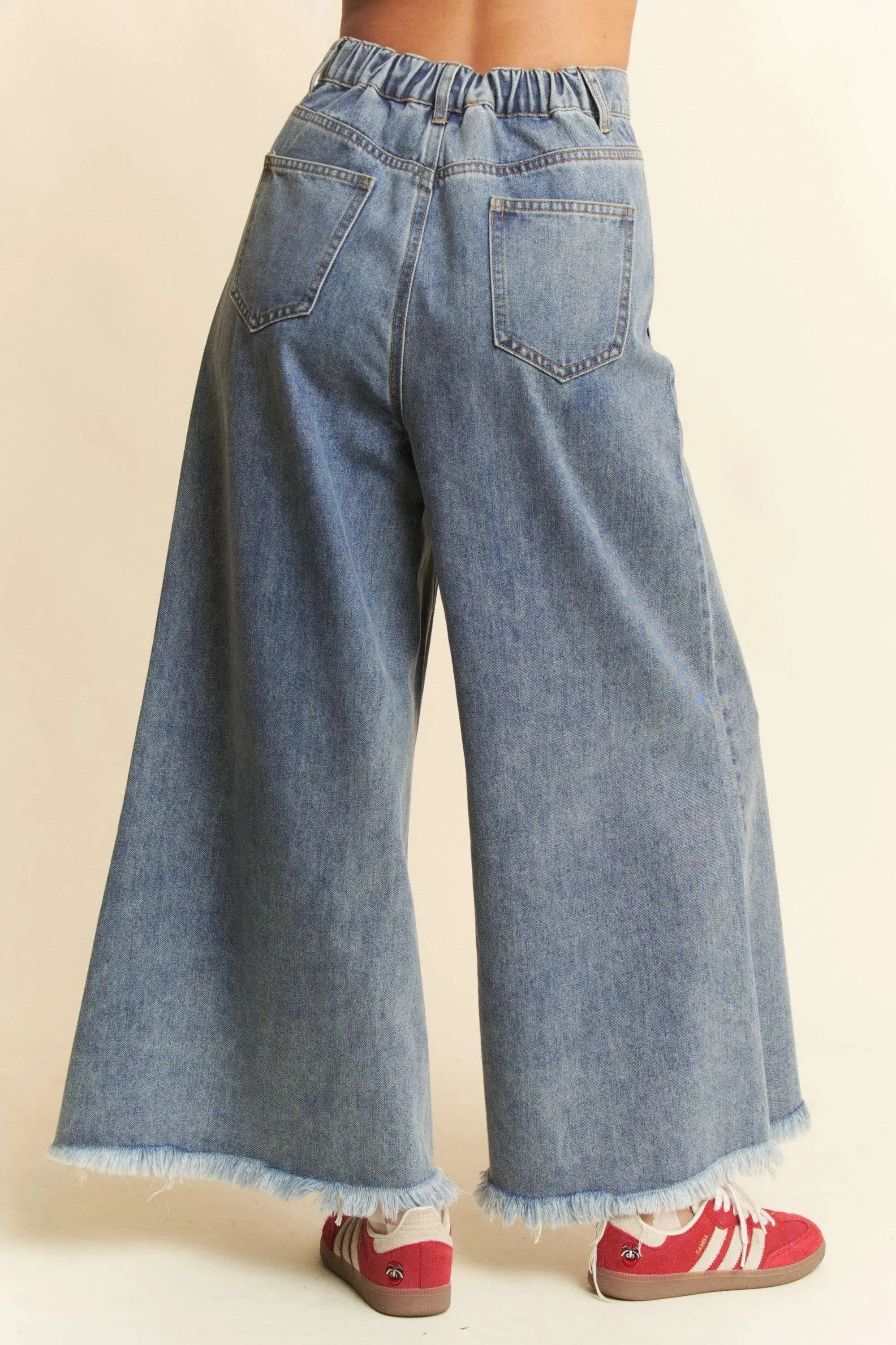 Davi & Dani Raw-Hem Patch-Pocket Wide Leg Culotte Jeans - Be Bliss Boutique