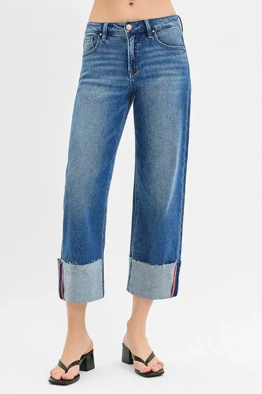 Full Size/Plus Size Tummy Control Mid Rise Crop Wide Cuffed RISEN Jeans - Be Bliss Boutique