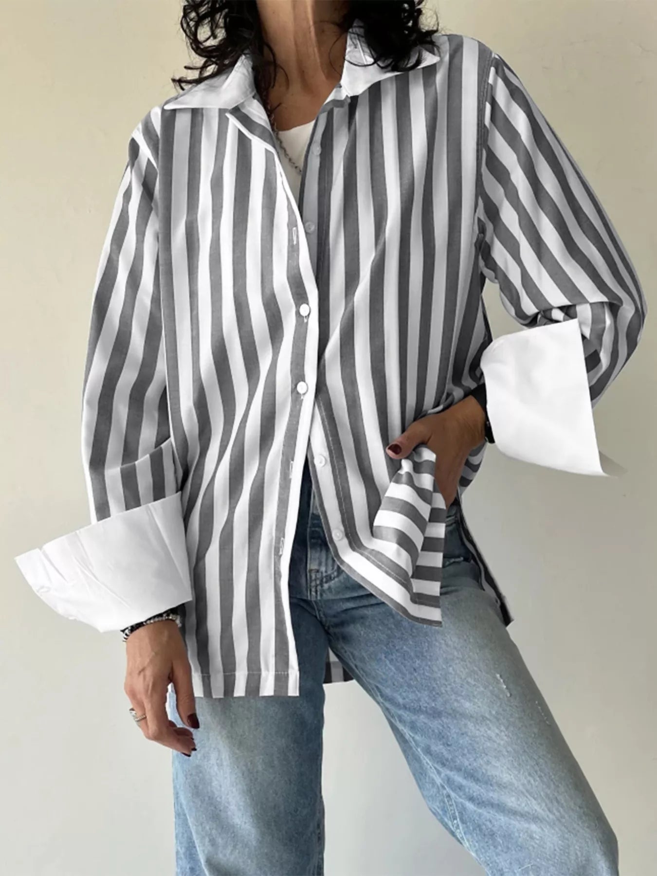 Striped Oversized Button-Up Shirt - Be Bliss Boutique