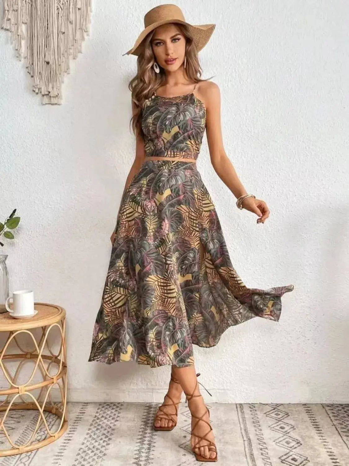 Tropical Leaf Print Two Piece Midi Skirt Set - Be Bliss Boutique