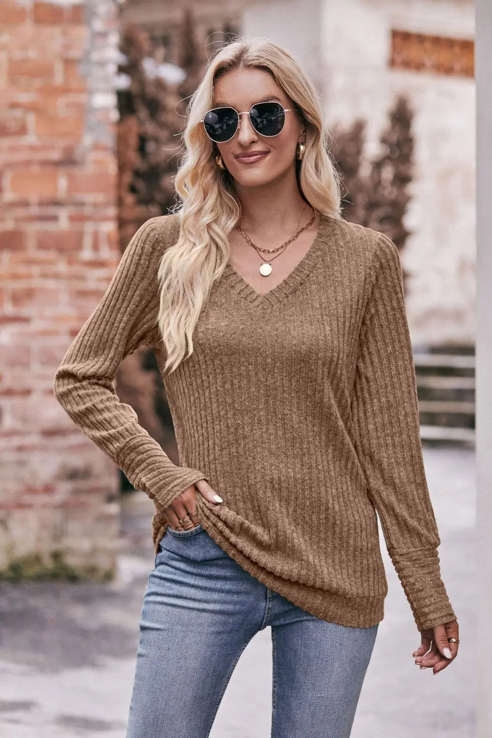 Mandy V Neck Long Sleeve Ribbed Top - Be Bliss Boutique